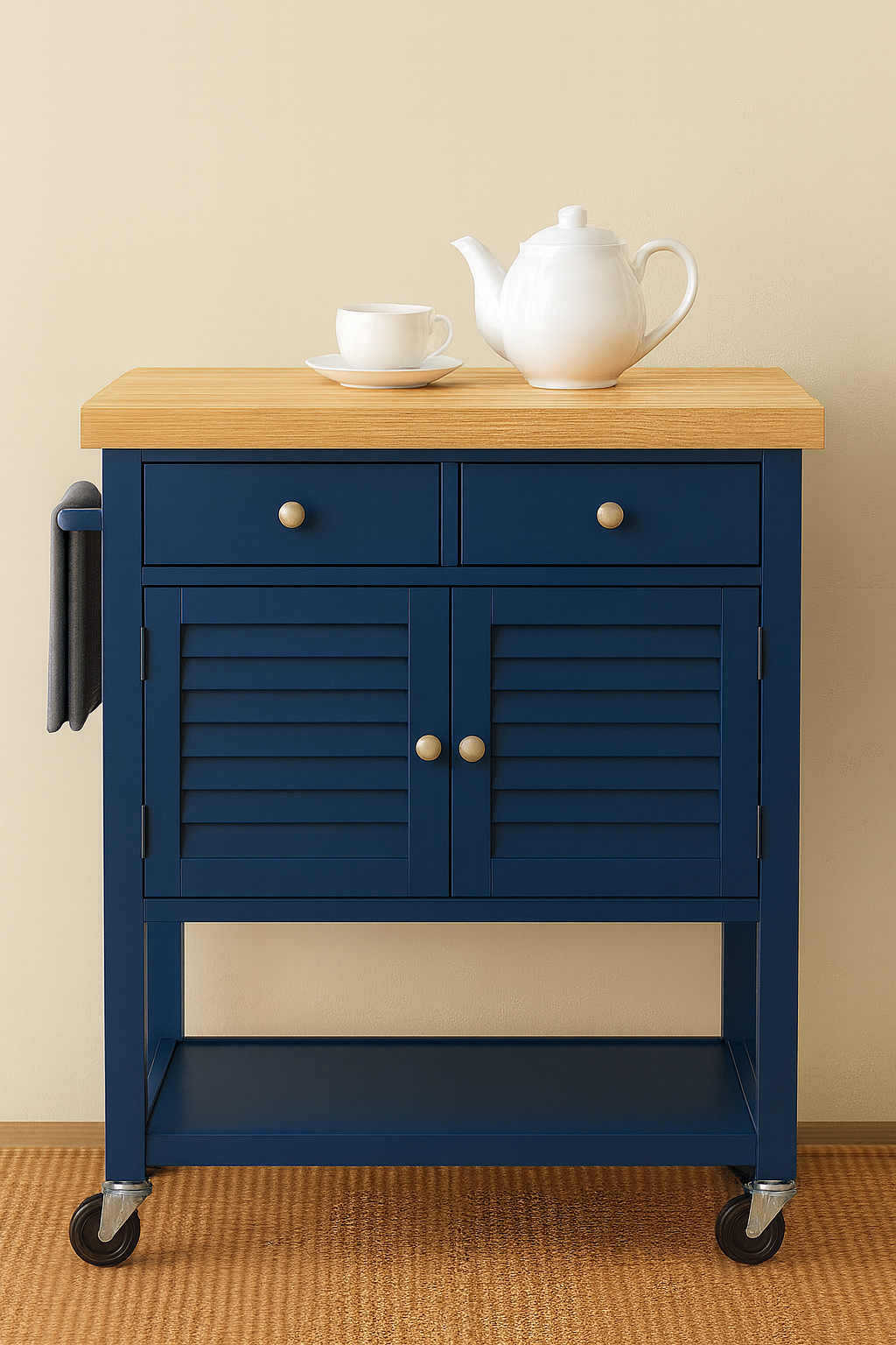Magnolia Kitchen Cart On Wheels With Towel Holder, 2 Drawers and 2 Door Cabinet