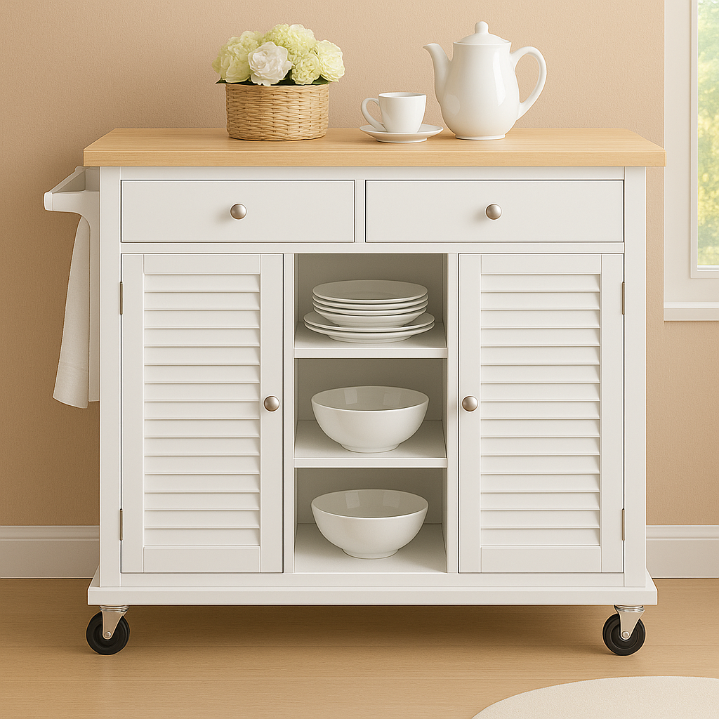 Carter Kitchen Island Cart On Wheels with Towel Holder, 3 Open Shelves, 2 Drawers and 2 Doors Cabinet