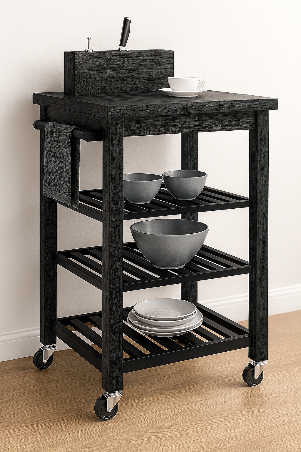 Juno Kitchen Cart On Wheels with Towel Holder And 3 Tier Shelves