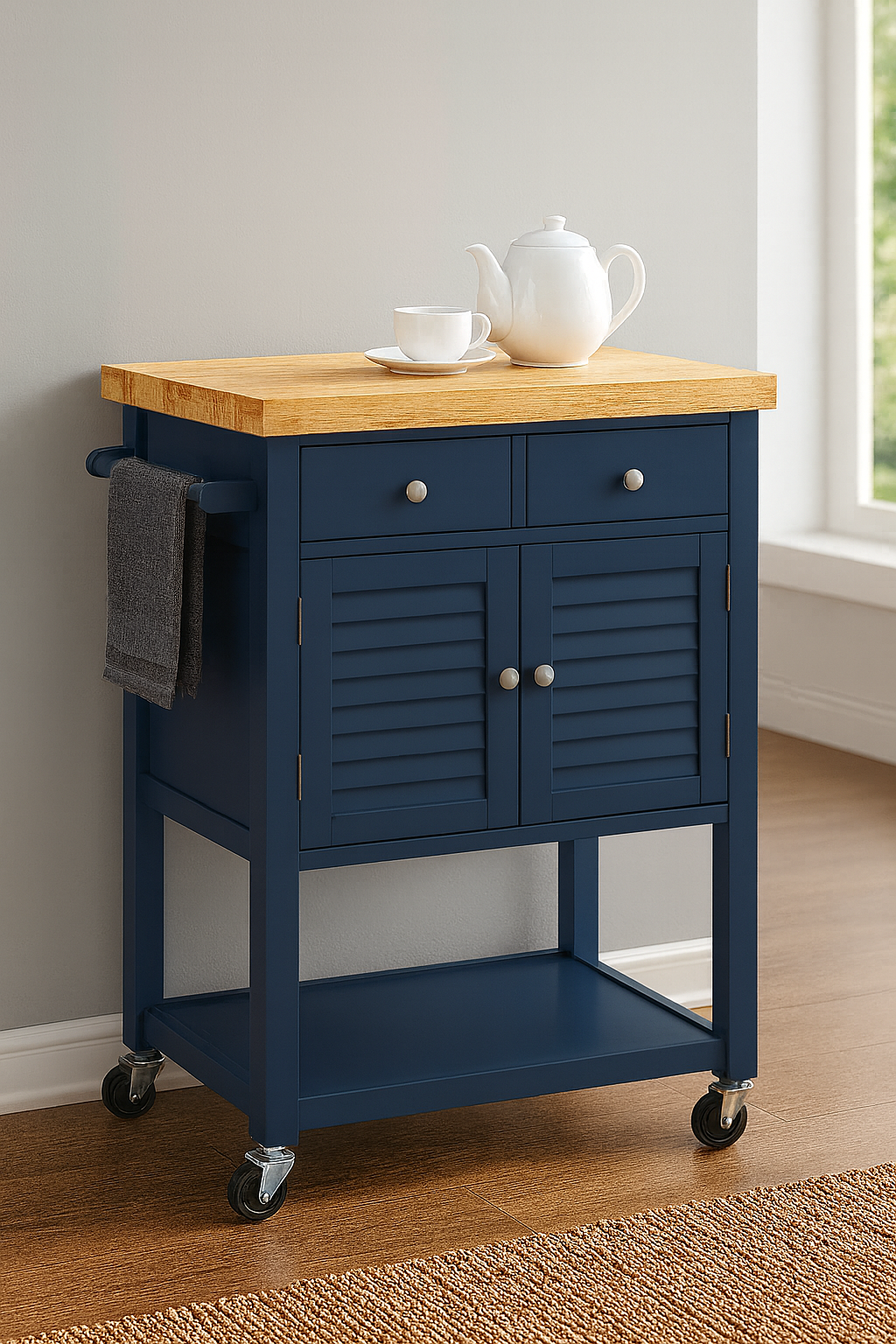Magnolia Kitchen Cart On Wheels With Towel Holder, 2 Drawers and 2 Door Cabinet