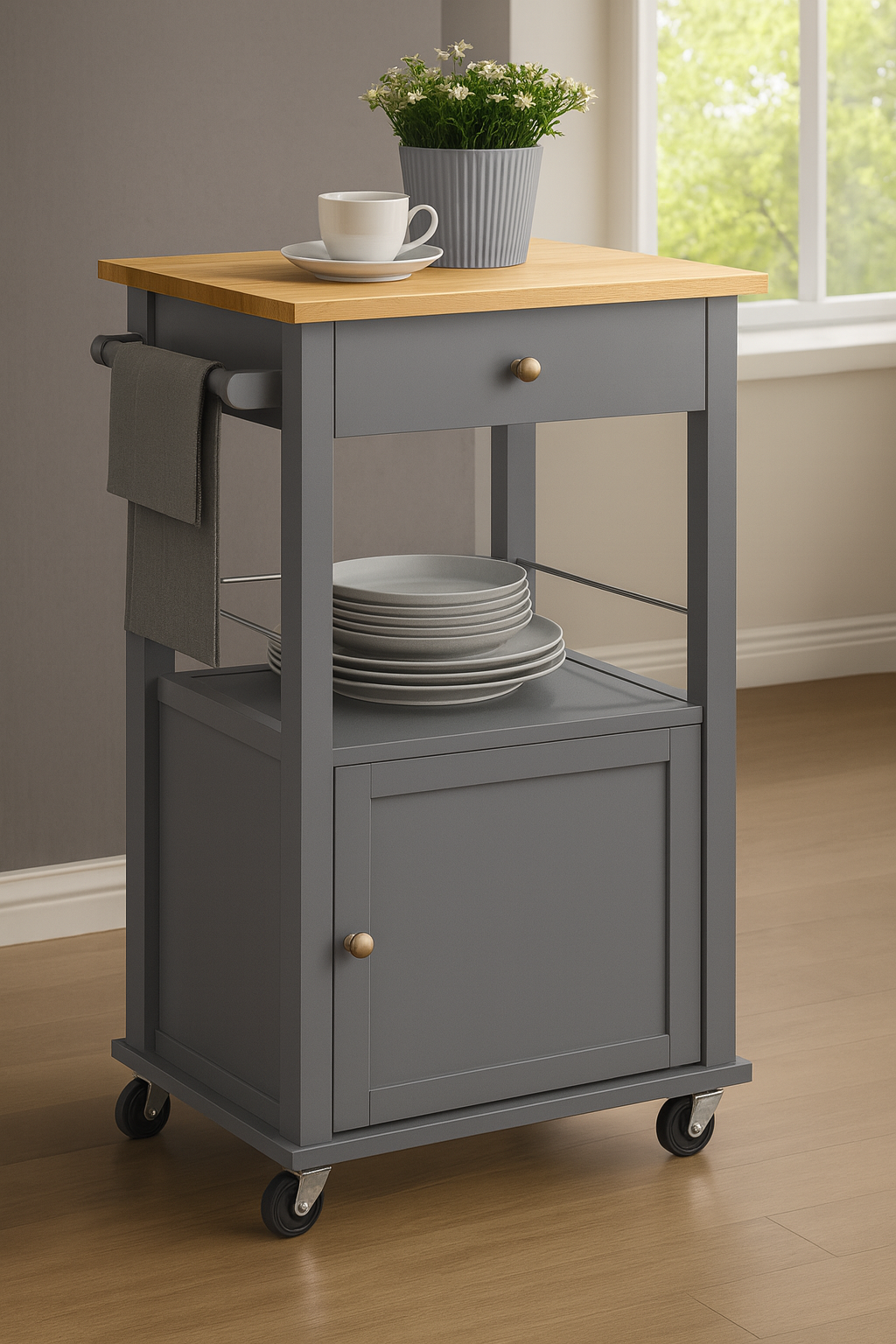 Elwood Kitchen Cart On Wheels With Towel Holder, Storage Drawer and Cabinet
