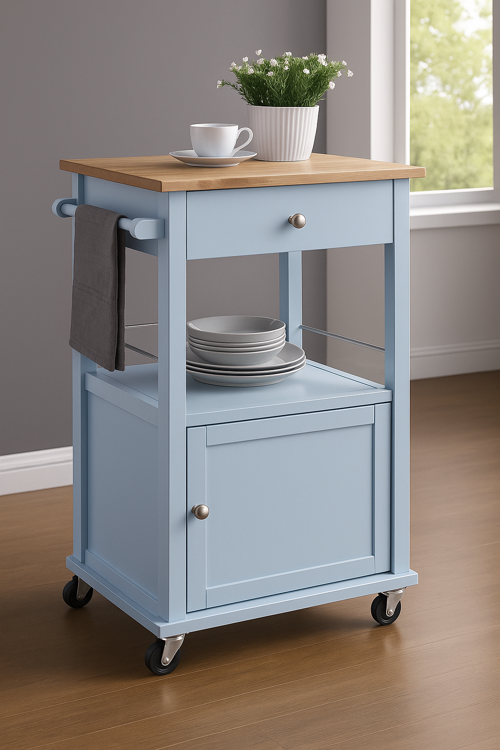 Elwood Kitchen Cart On Wheels With Towel Holder, Storage Drawer and Cabinet