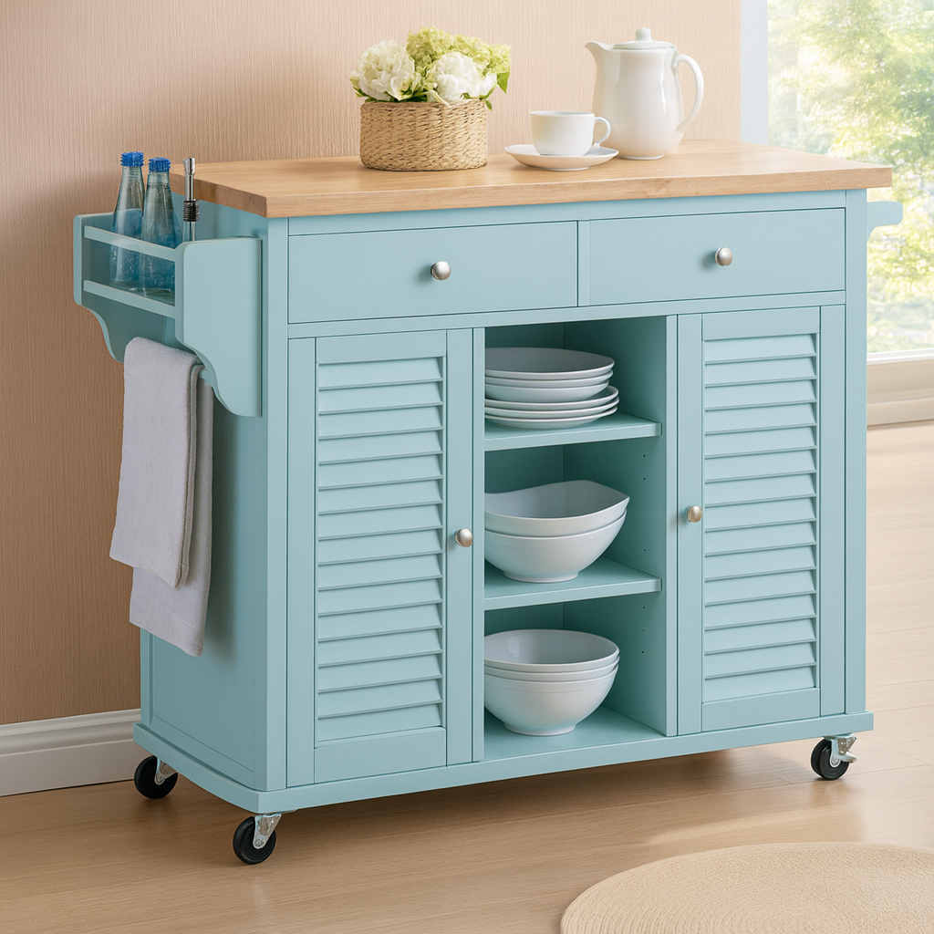 Carter Kitchen Island Cart On Wheels with Towel Holder, 3 Open Shelves, 2 Drawers and 2 Doors Cabinet