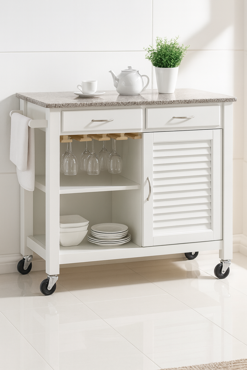 Waylon Kitchen Cart On Wheels With Granite Top