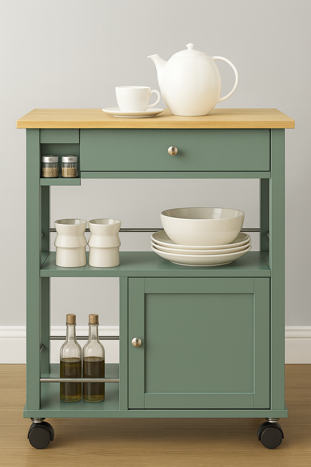Juneau Kitchen Cart On Wheels with 2 Open Shelves, Spice Holder, Drawer and Cabinet
