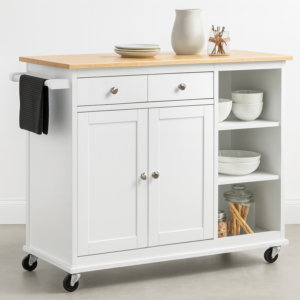 Adler Kitchen Island Cart On Wheels with Towel Holder, 3 Open Shelves, 2 Drawers and 2 Doors Cabinet