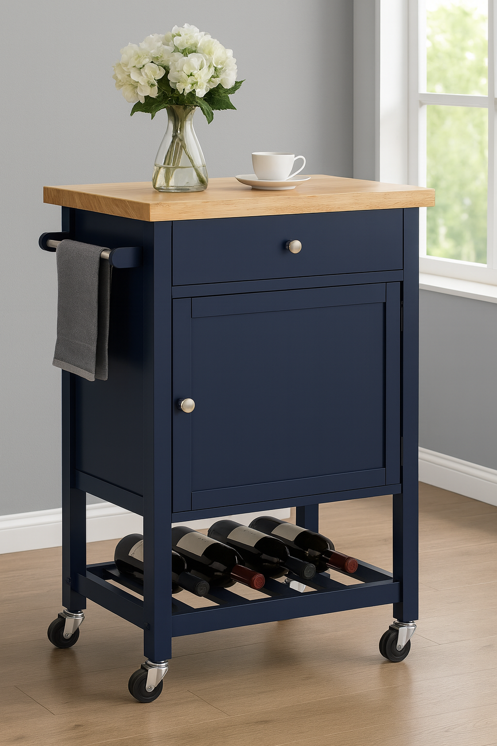 Willow Kitchen Cart On Wheels With Towel Holder, Storage Drawer and Cabinet