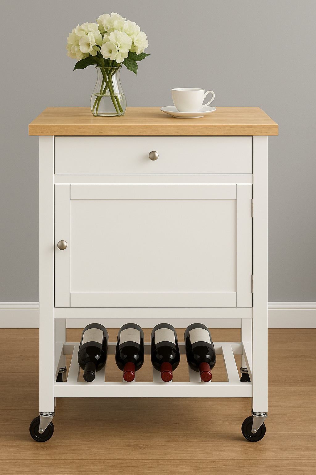 Willow Kitchen Cart On Wheels With Towel Holder, Storage Drawer and Cabinet