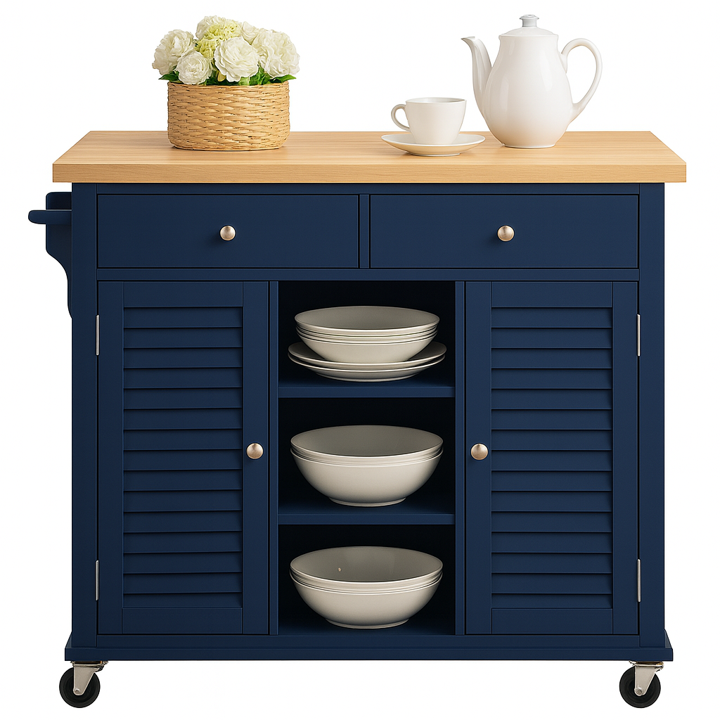 Carter Kitchen Island Cart On Wheels with Towel Holder, 3 Open Shelves, 2 Drawers and 2 Doors Cabinet
