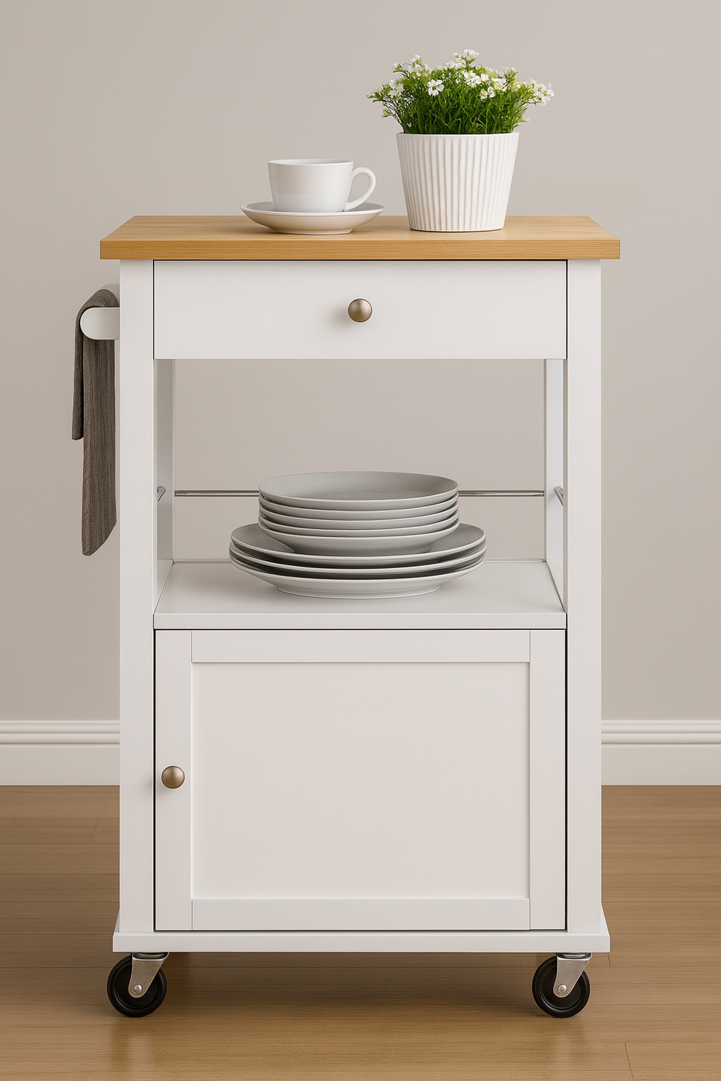 Elwood Kitchen Cart On Wheels With Towel Holder, Storage Drawer and Cabinet