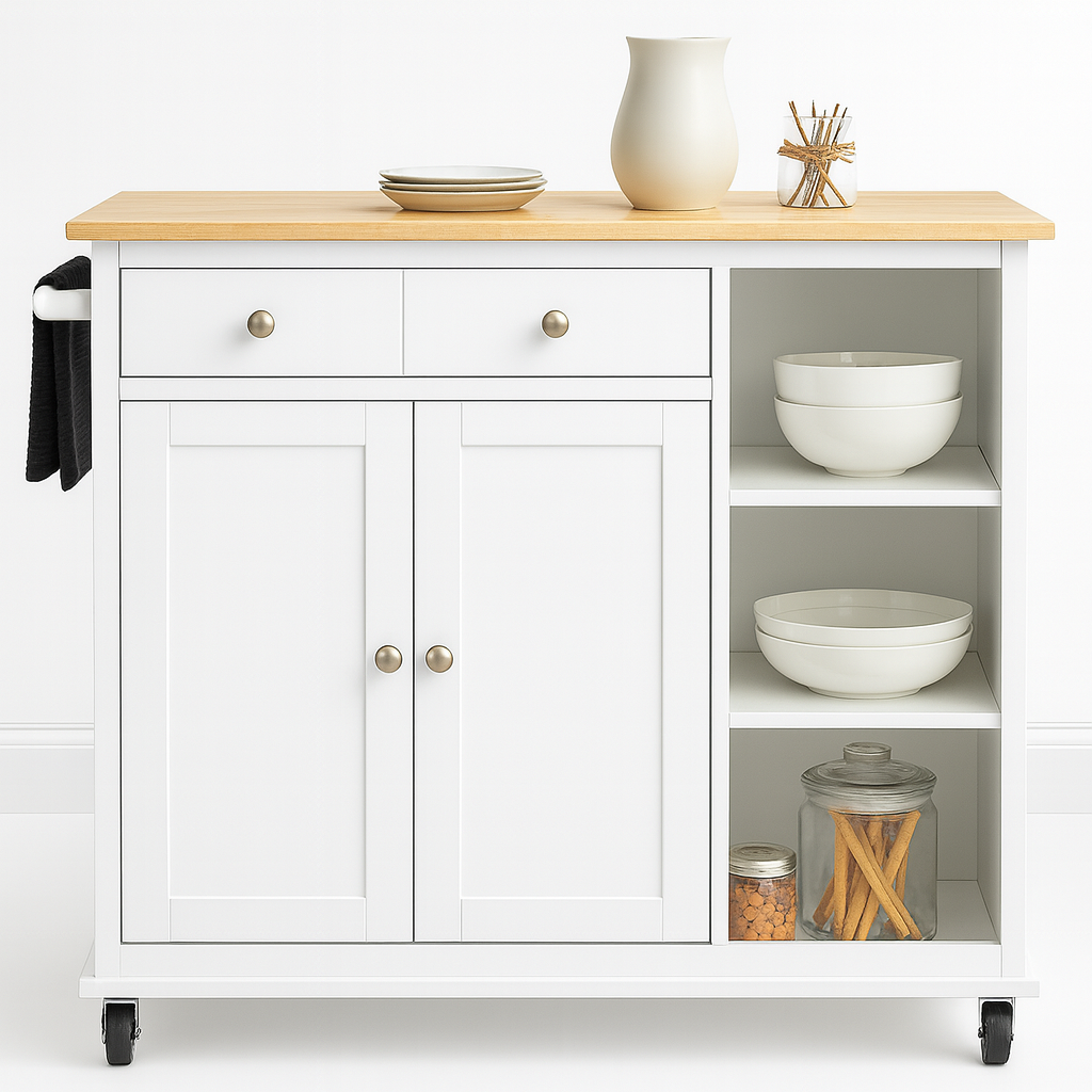 Adler Kitchen Island Cart On Wheels with Towel Holder, 3 Open Shelves, 2 Drawers and 2 Doors Cabinet