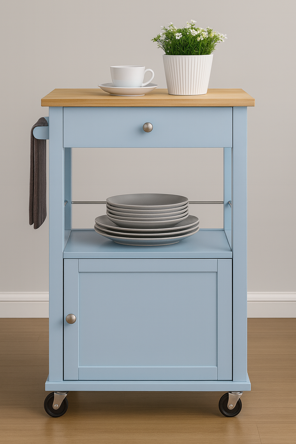 Elwood Kitchen Cart On Wheels With Towel Holder, Storage Drawer and Cabinet
