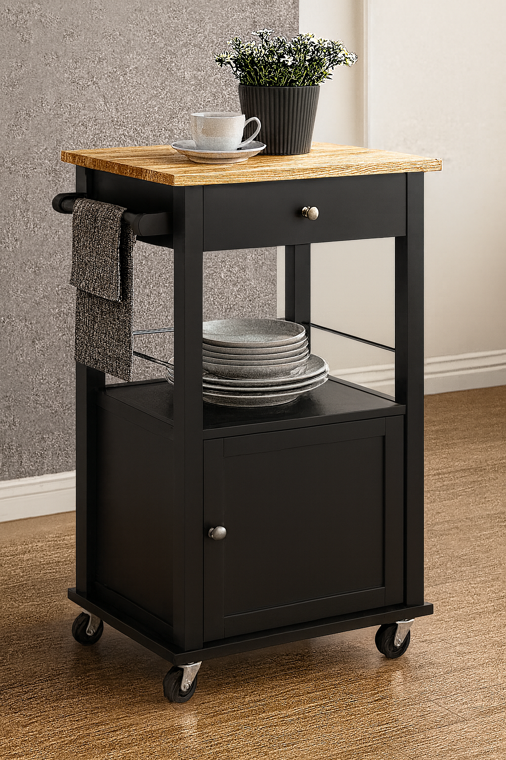Elwood Kitchen Cart On Wheels With Towel Holder, Storage Drawer and Cabinet