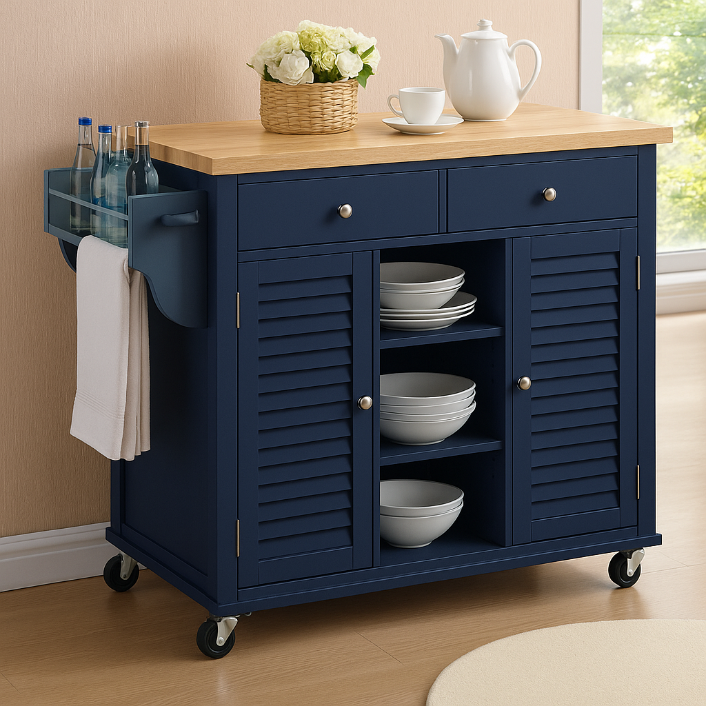 Carter Kitchen Island Cart On Wheels with Towel Holder, 3 Open Shelves, 2 Drawers and 2 Doors Cabinet