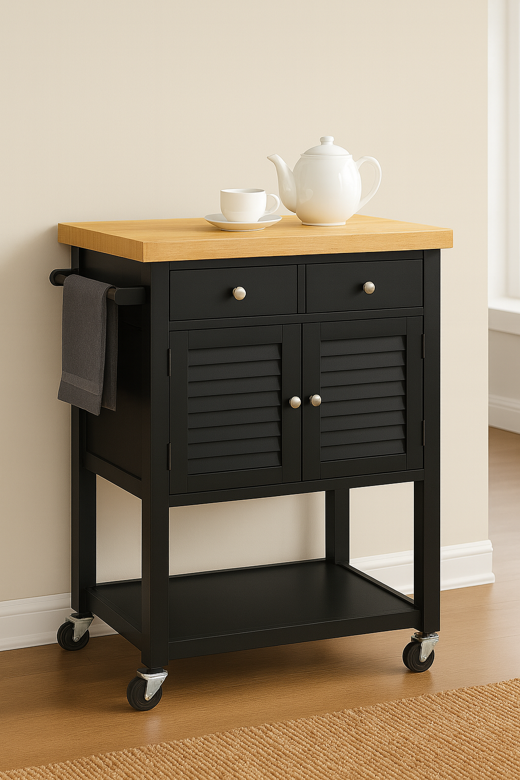Magnolia Kitchen Cart On Wheels With Towel Holder, Storage Drawer and Cabinet
