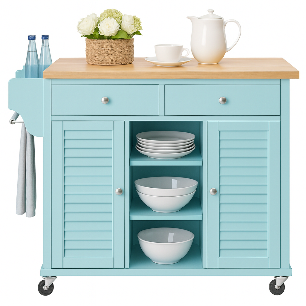 Carter Kitchen Island Cart On Wheels with Towel Holder, 3 Open Shelves, 2 Drawers and 2 Doors Cabinet