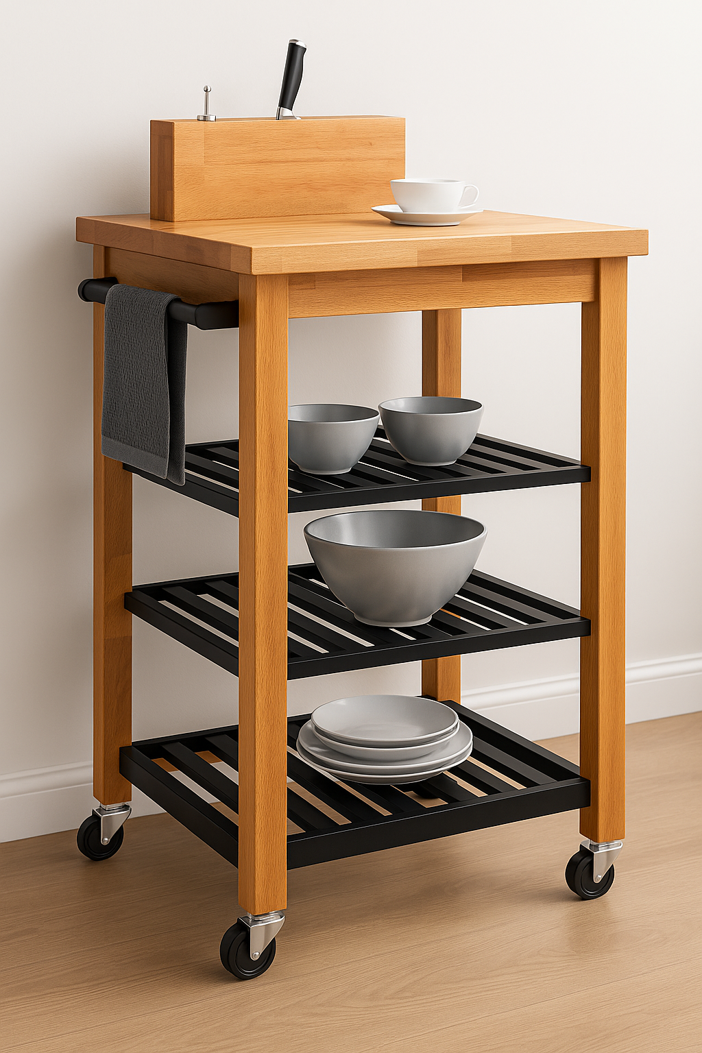 Juno Kitchen Cart On Wheels with Towel Holder And 3 Tier Shelves