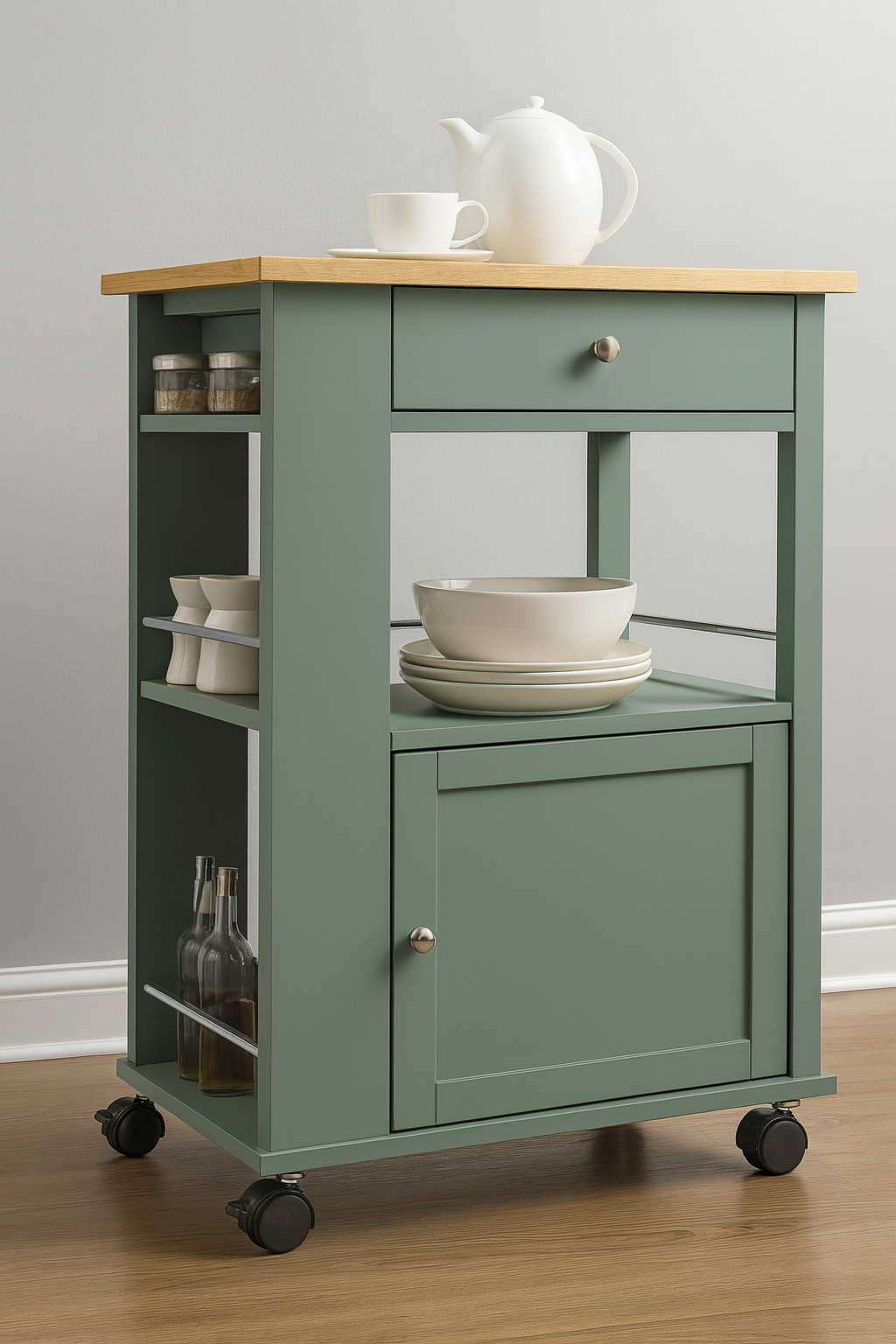 Juneau Kitchen Cart On Wheels with 2 Open Shelves, Spice Holder, Drawer and Cabinet