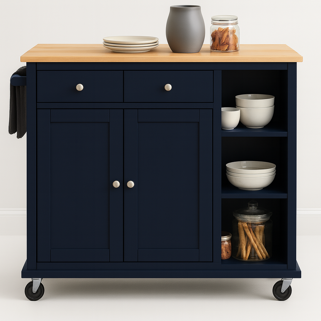 Adler Kitchen Island Cart On Wheels with Towel Holder, 3 Open Shelves, 2 Drawers and 2 Doors Cabinet