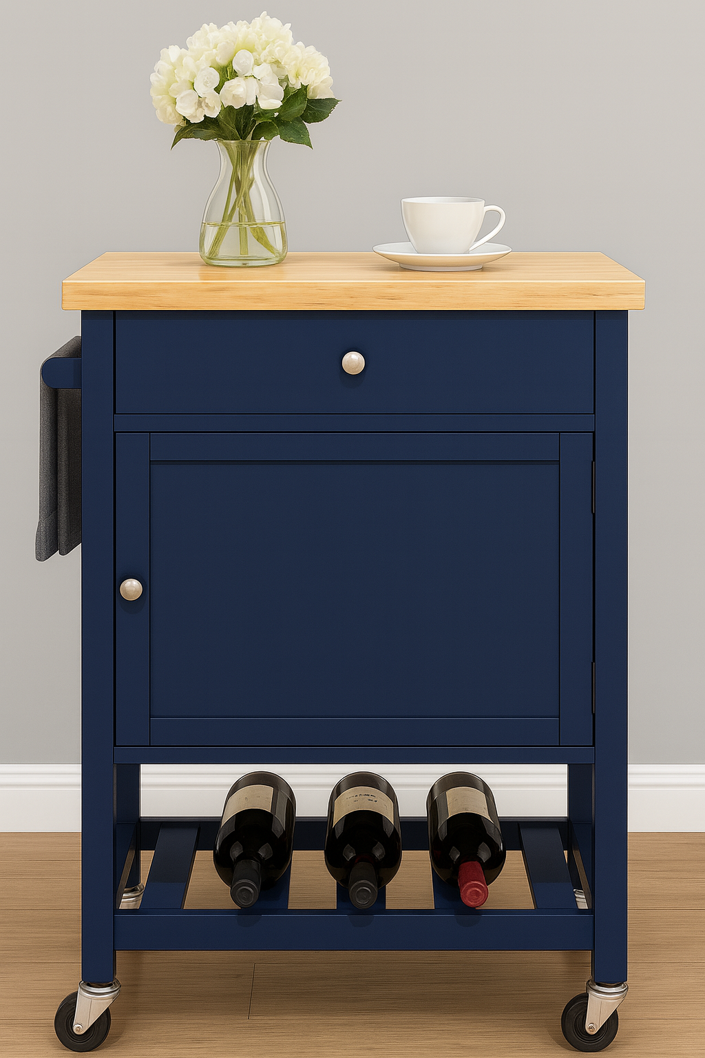Willow Kitchen Cart On Wheels With Towel Holder, Storage Drawer and Cabinet