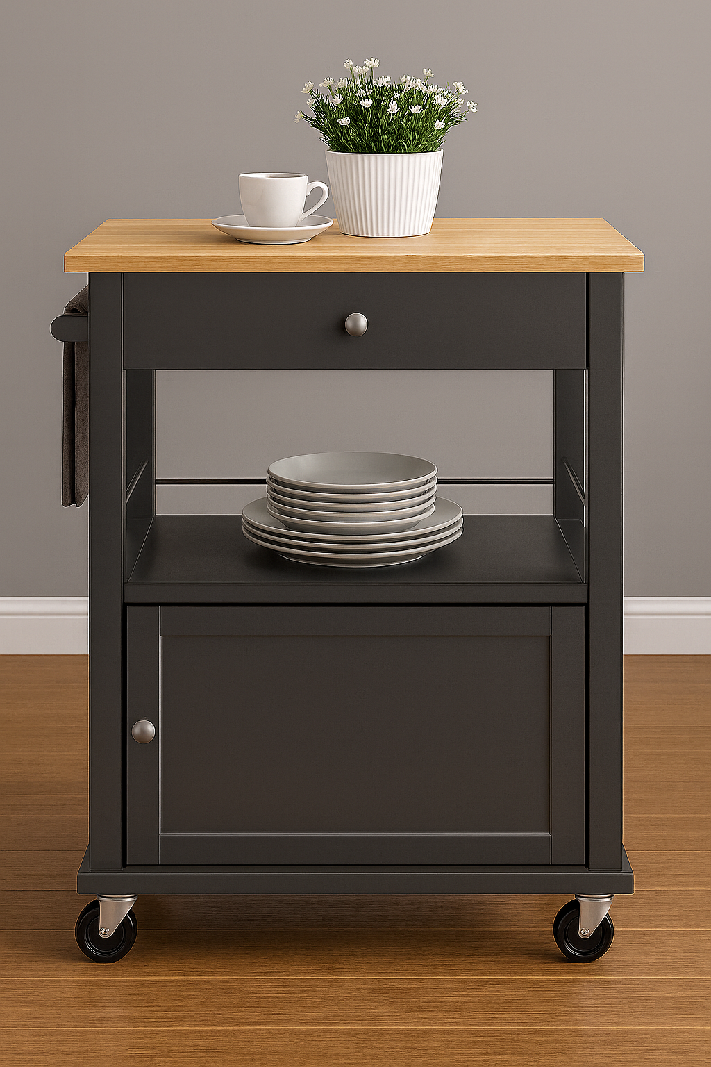 Elwood Kitchen Cart On Wheels With Towel Holder, Storage Drawer and Cabinet