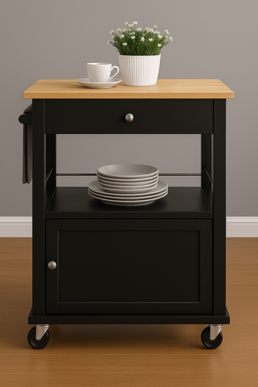 Elwood Kitchen Cart On Wheels With Towel Holder, Storage Drawer and Cabinet