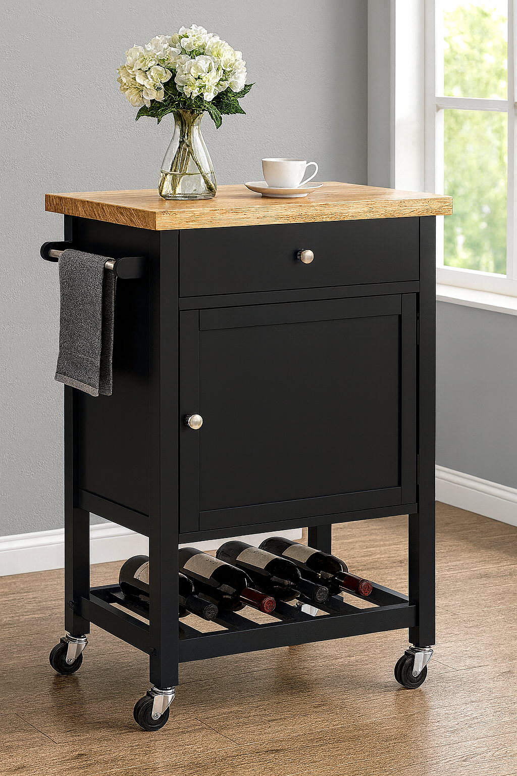 Willow Kitchen Cart On Wheels With Towel Holder, Storage Drawer and Cabinet