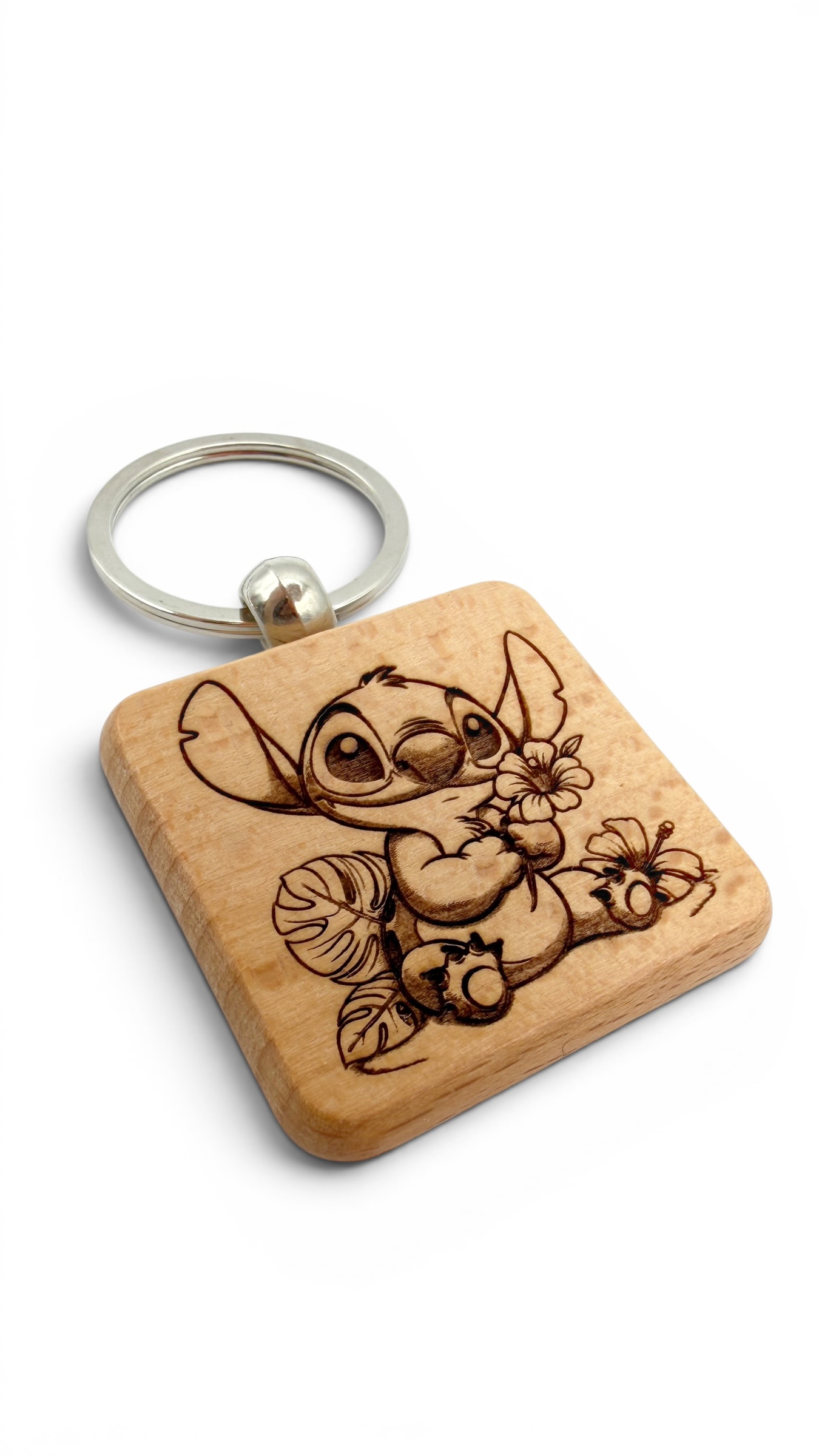 Stitch - Portachiavi in legno inciso 