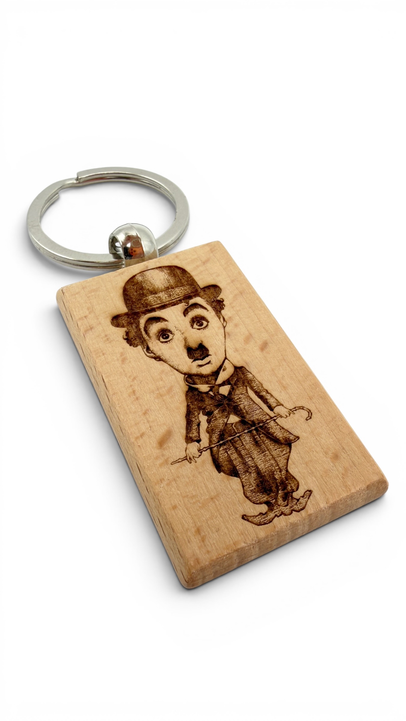 Charlie Chaplin - Portachiavi in legno inciso 