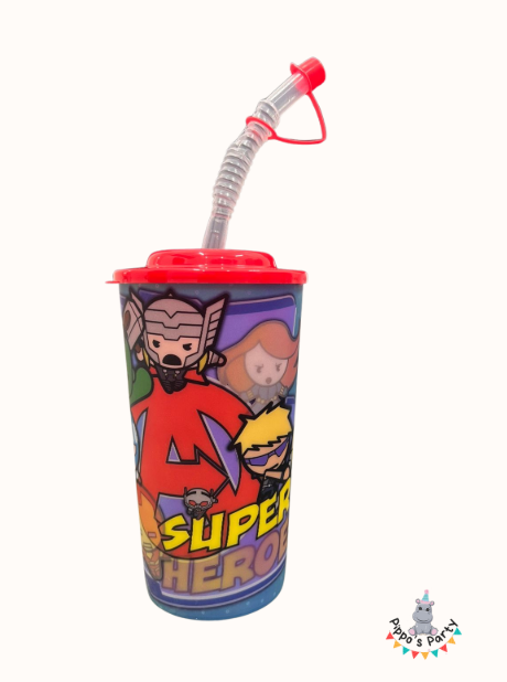 VASO DE PLÁSTICO CON POPOTE SUPER HEROES 