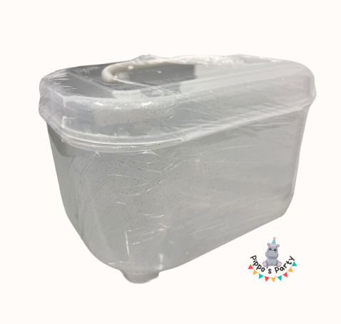 CAJA FIESTA DE PLÁSTICO TRANSPARENTE CON BRILLOS
