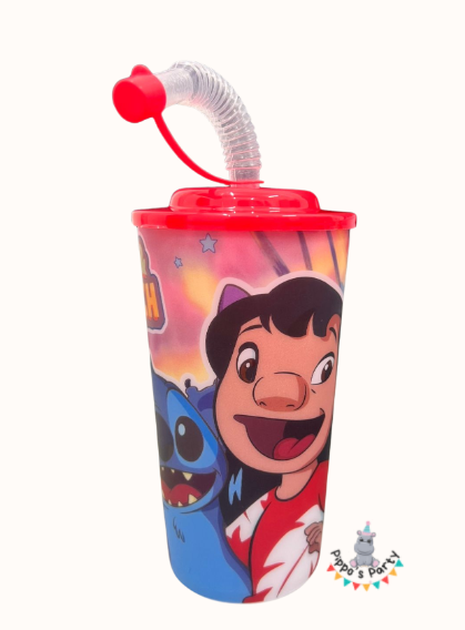 VASO DE PLÁSTICO CON POPOTE LILO Y STITCH
