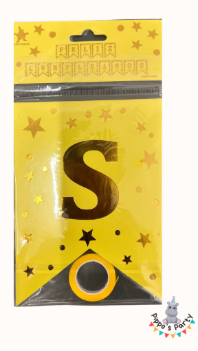 LETRERO FELIZ CUMPLEAÑOS COLOR AMARILLO CON ESTRELLAS