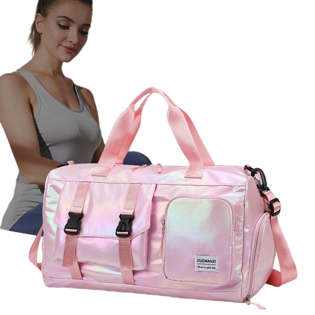 Iridescent Pink Sports Duffel Bag Waterproof Training Gym Bag with Independent Shoe Storage & Wet Dry Separation, Durable Crossbody Overnight Bag for Basketball Boxing Outdoor Sports