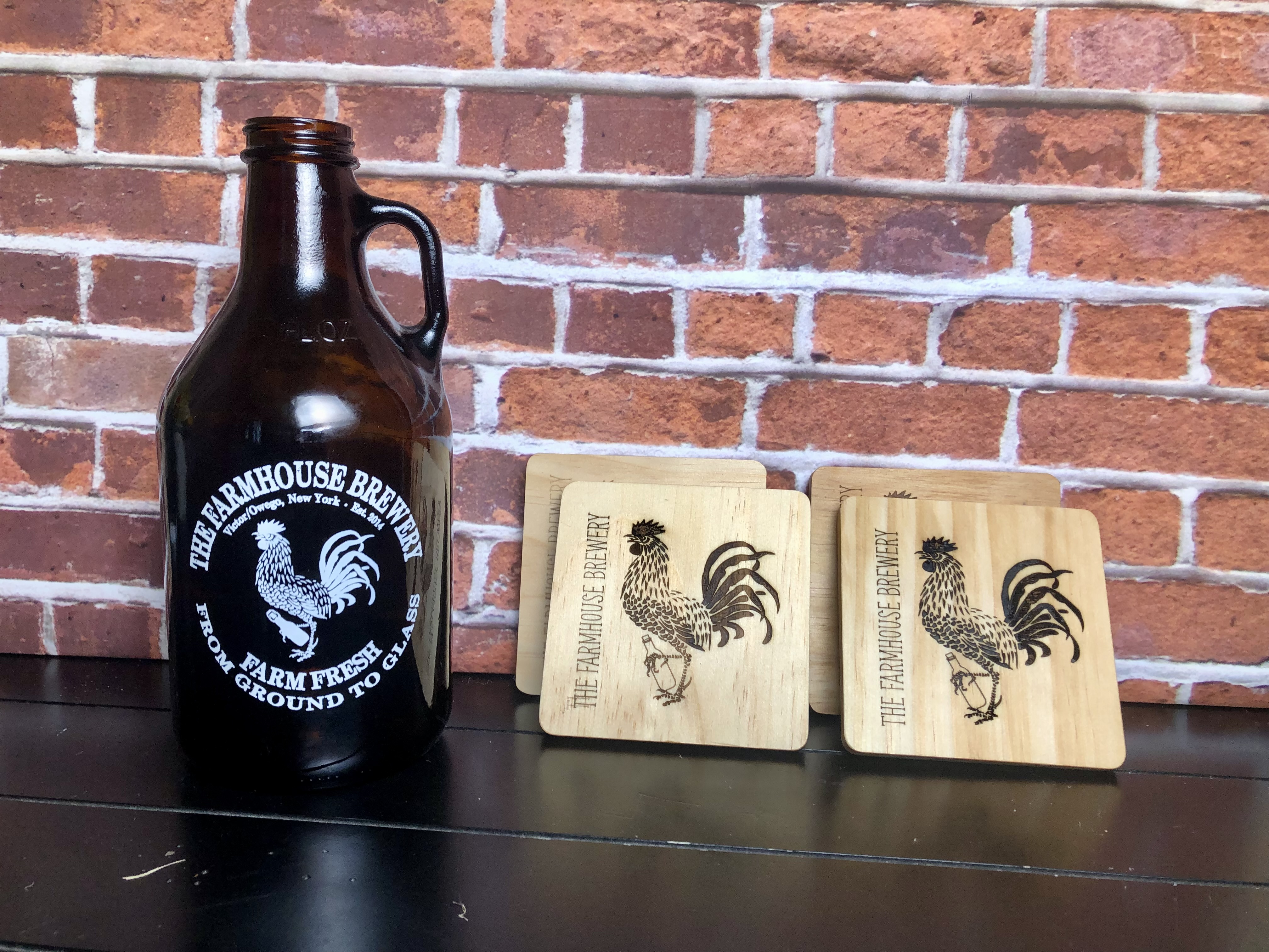 THE FARMHOUSE BREWERY LOGO COASTERS - Laser Etched Wood Coasters - Set of 4 - NOSTALGIA SWAG SERIES "Classic Elvis" Logo