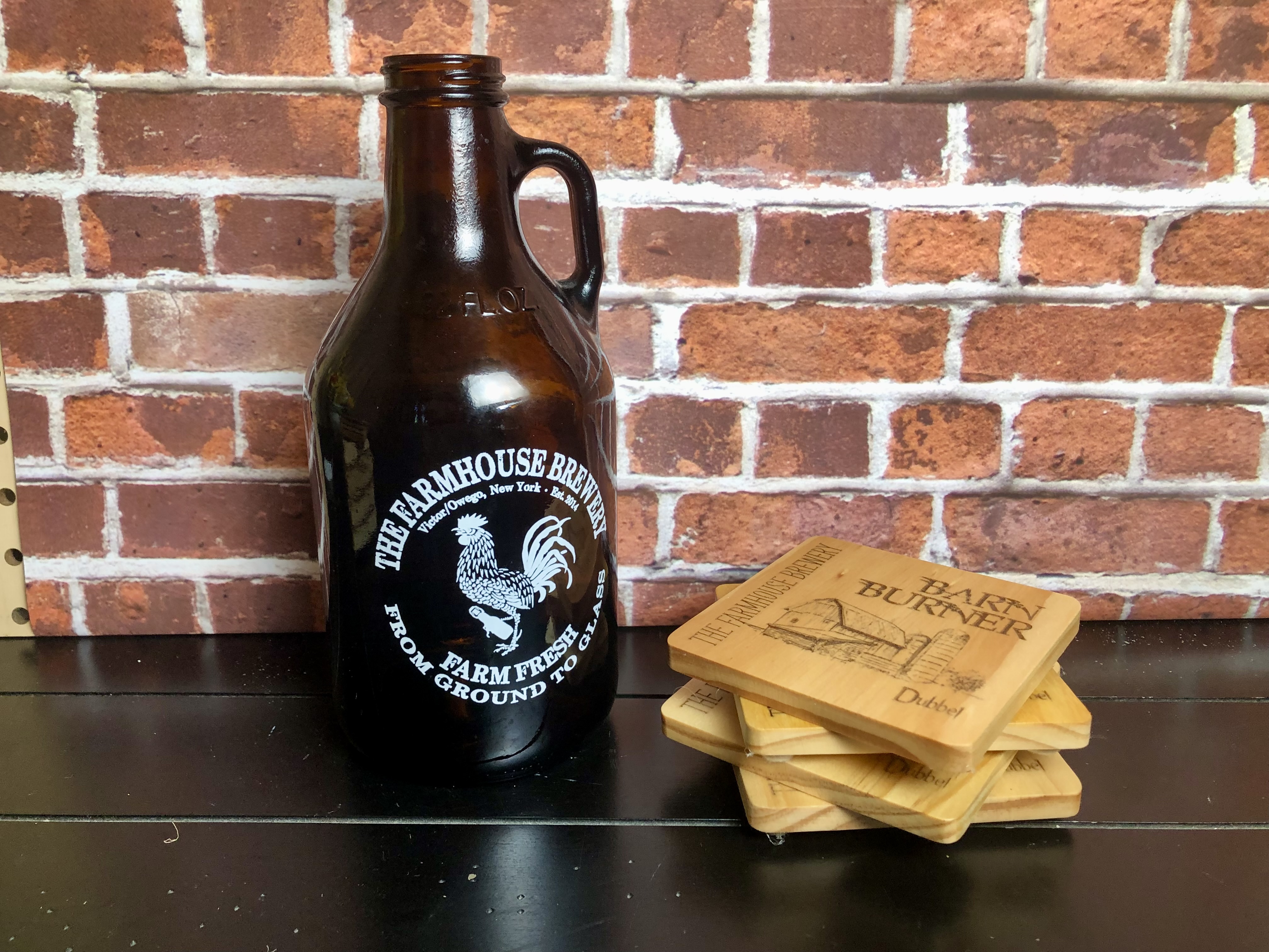 THE FARMHOUSE BREWERY LOGO COASTERS - Laser Etched Wood Coasters - Set of 4 - NOSTALGIA SWAG SERIES "BARN BURNER" Beer Logo