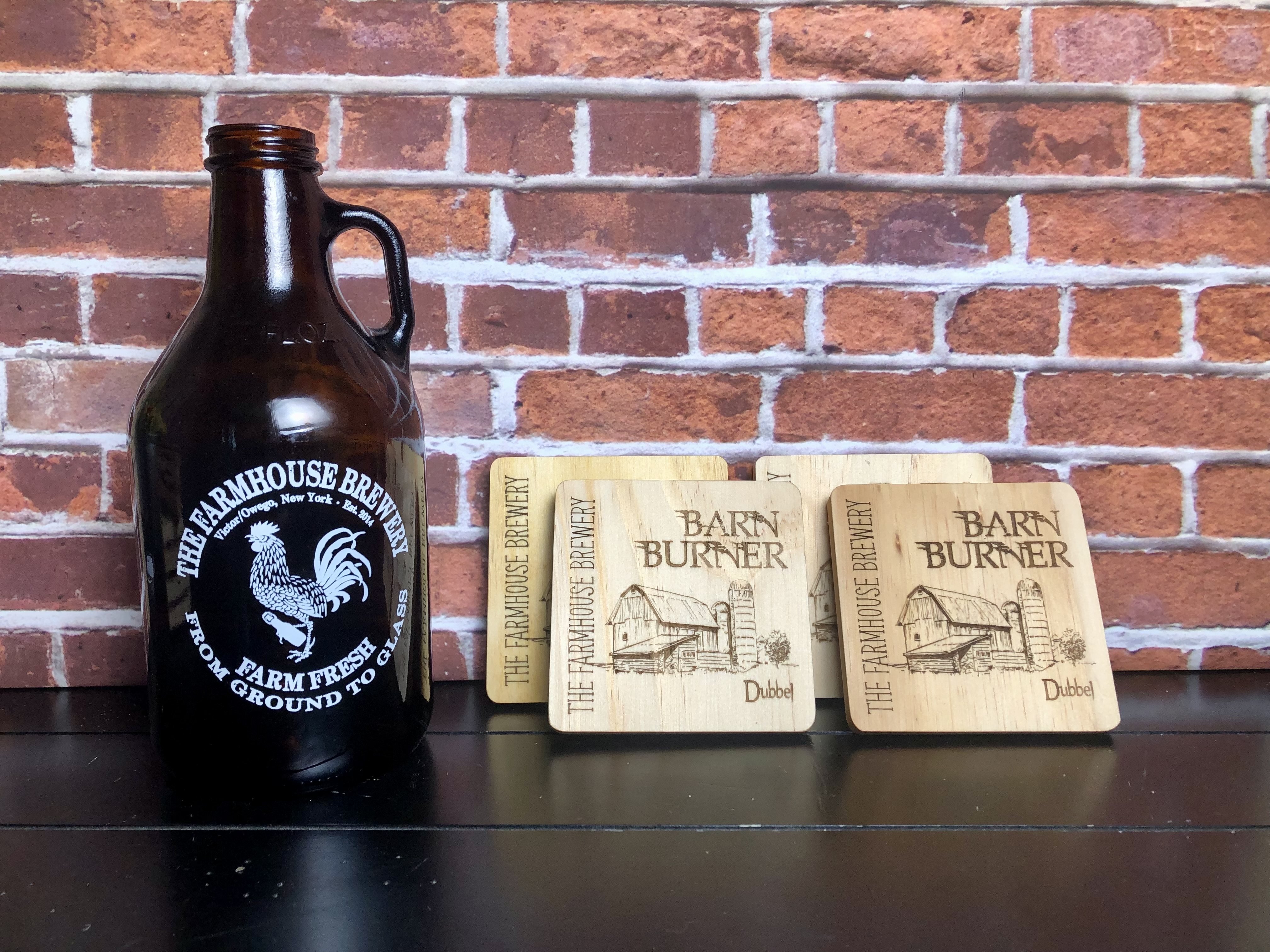 THE FARMHOUSE BREWERY LOGO COASTERS - Laser Etched Wood Coasters - Set of 4 - NOSTALGIA SWAG SERIES "BARN BURNER" Beer Logo