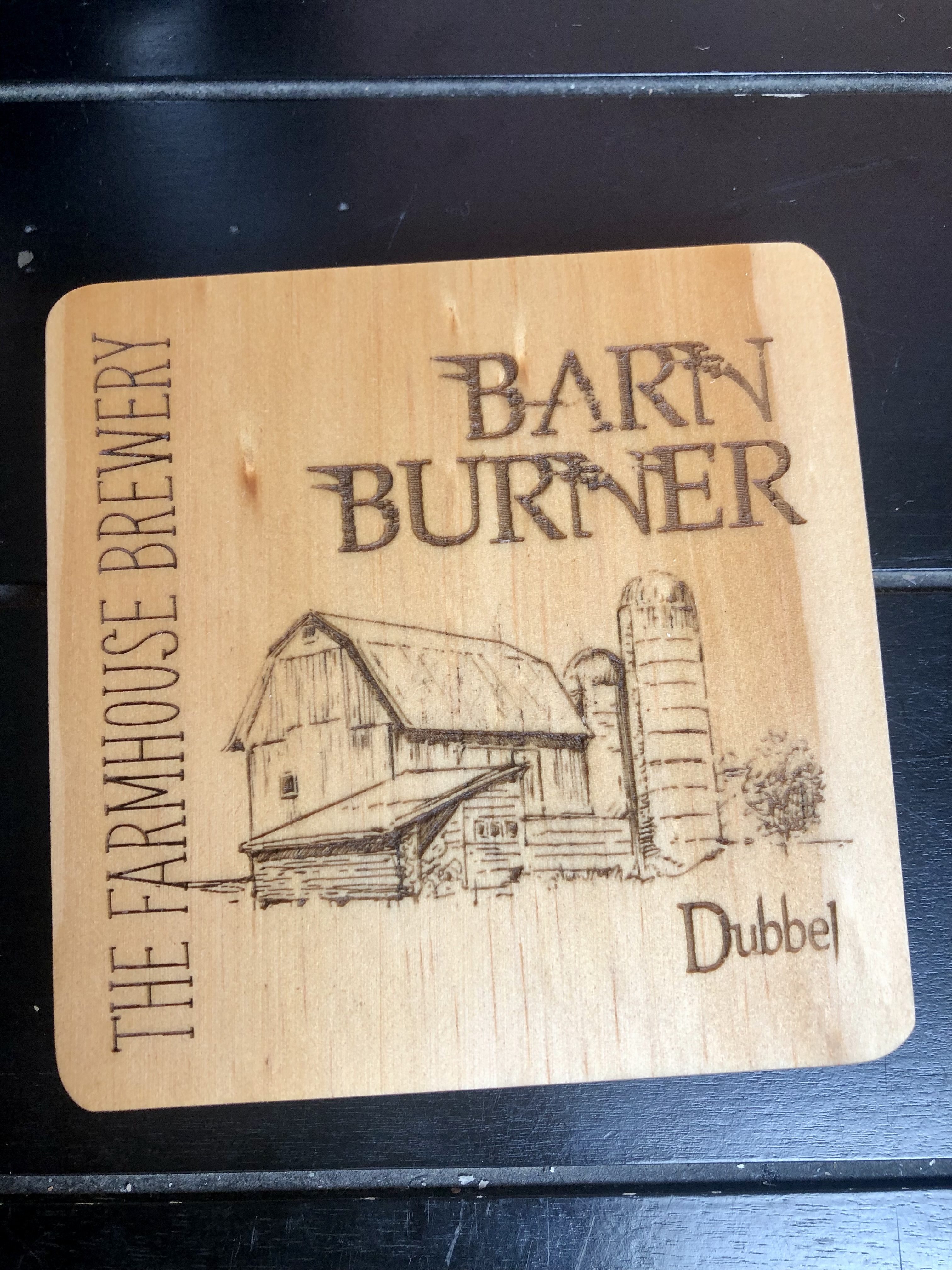THE FARMHOUSE BREWERY LOGO COASTERS - Laser Etched Wood Coasters - Set of 4 - NOSTALGIA SWAG SERIES "BARN BURNER" Beer Logo