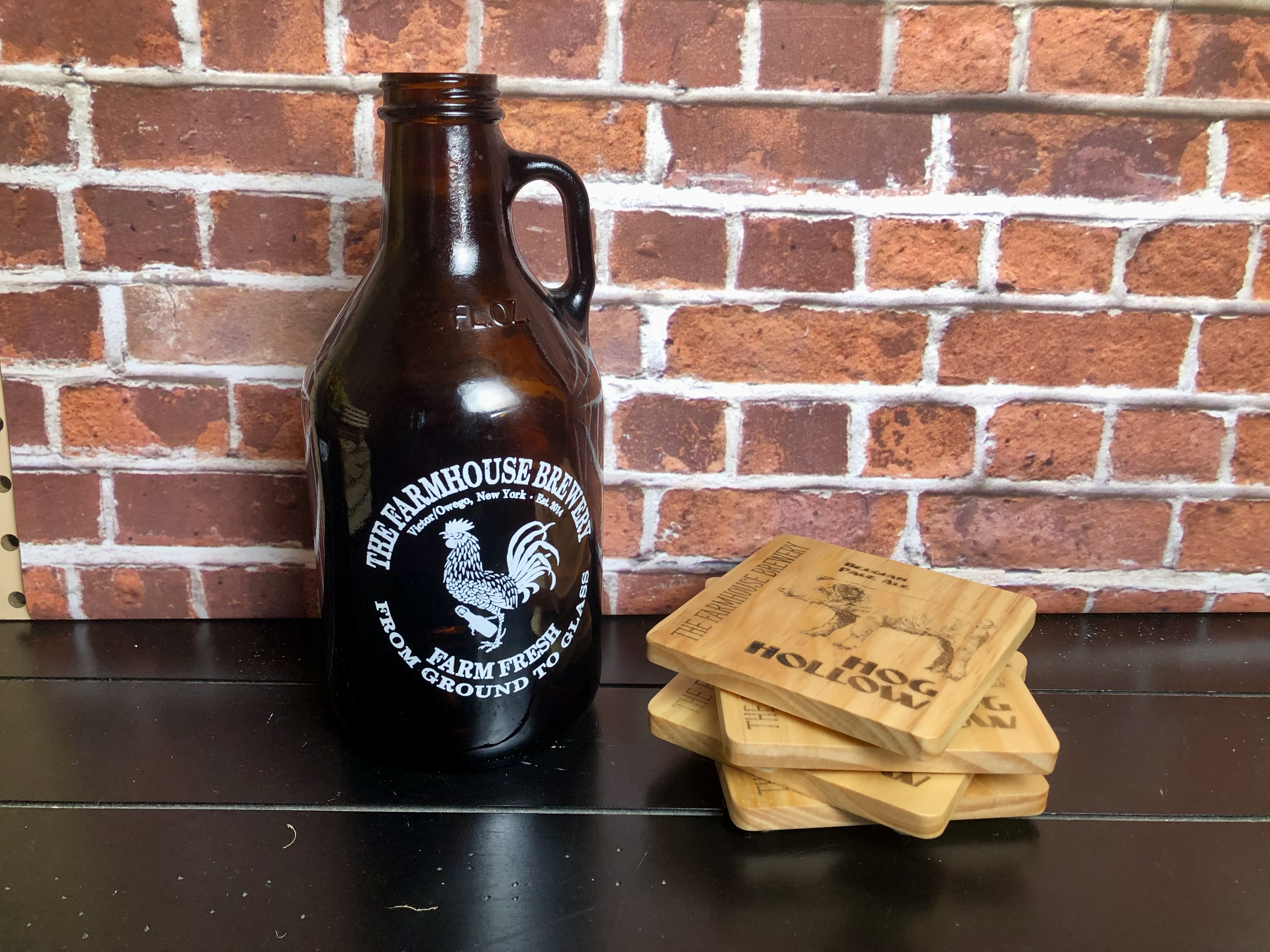 THE FARMHOUSE BREWERY LOGO COASTERS - Laser Etched Wood Coasters - Set of 4 - NOSTALGIA SWAG SERIES "HOG HOLLOW" Beer Logo