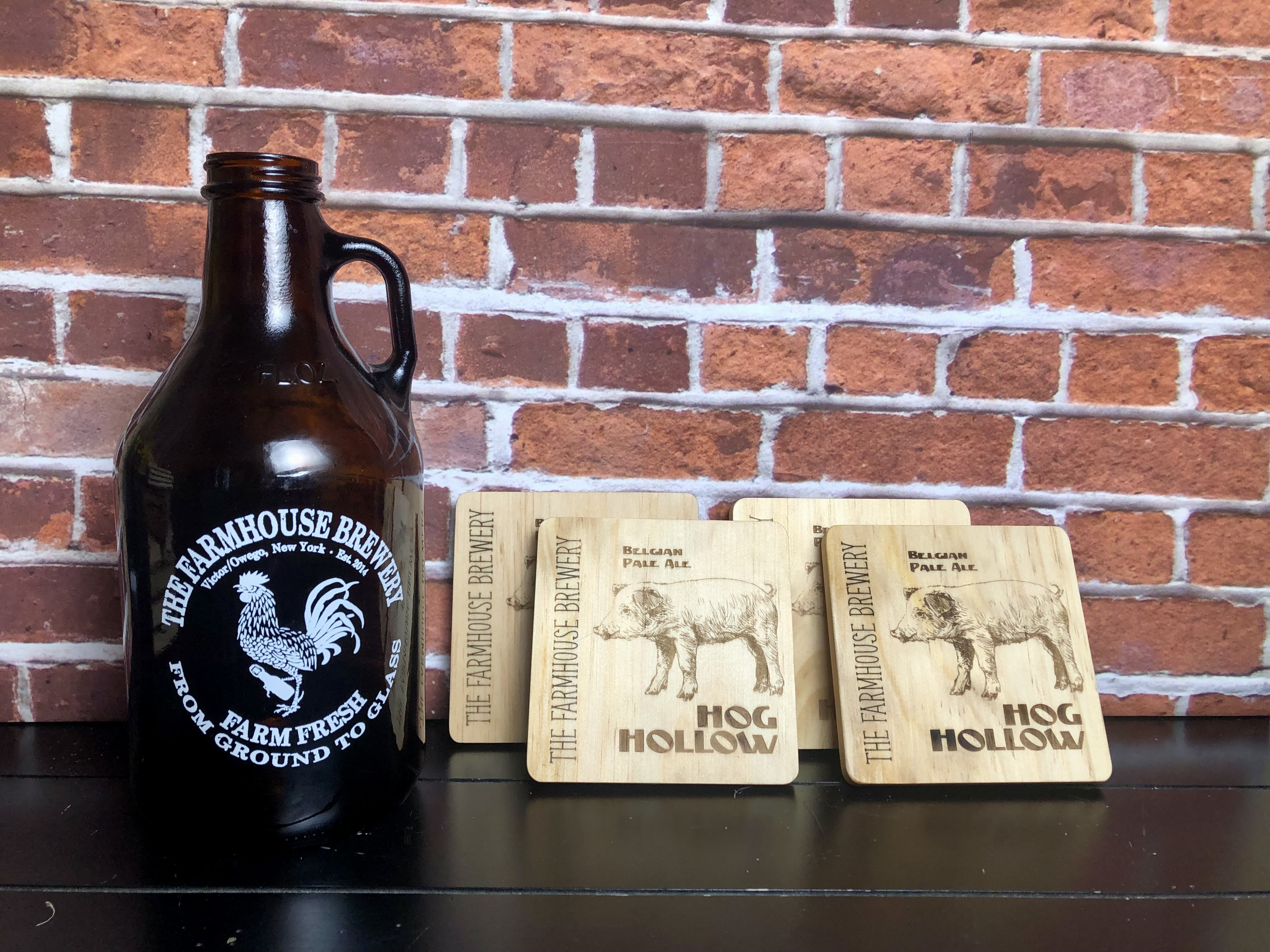 THE FARMHOUSE BREWERY LOGO COASTERS - Laser Etched Wood Coasters - Set of 4 - NOSTALGIA SWAG SERIES "HOG HOLLOW" Beer Logo