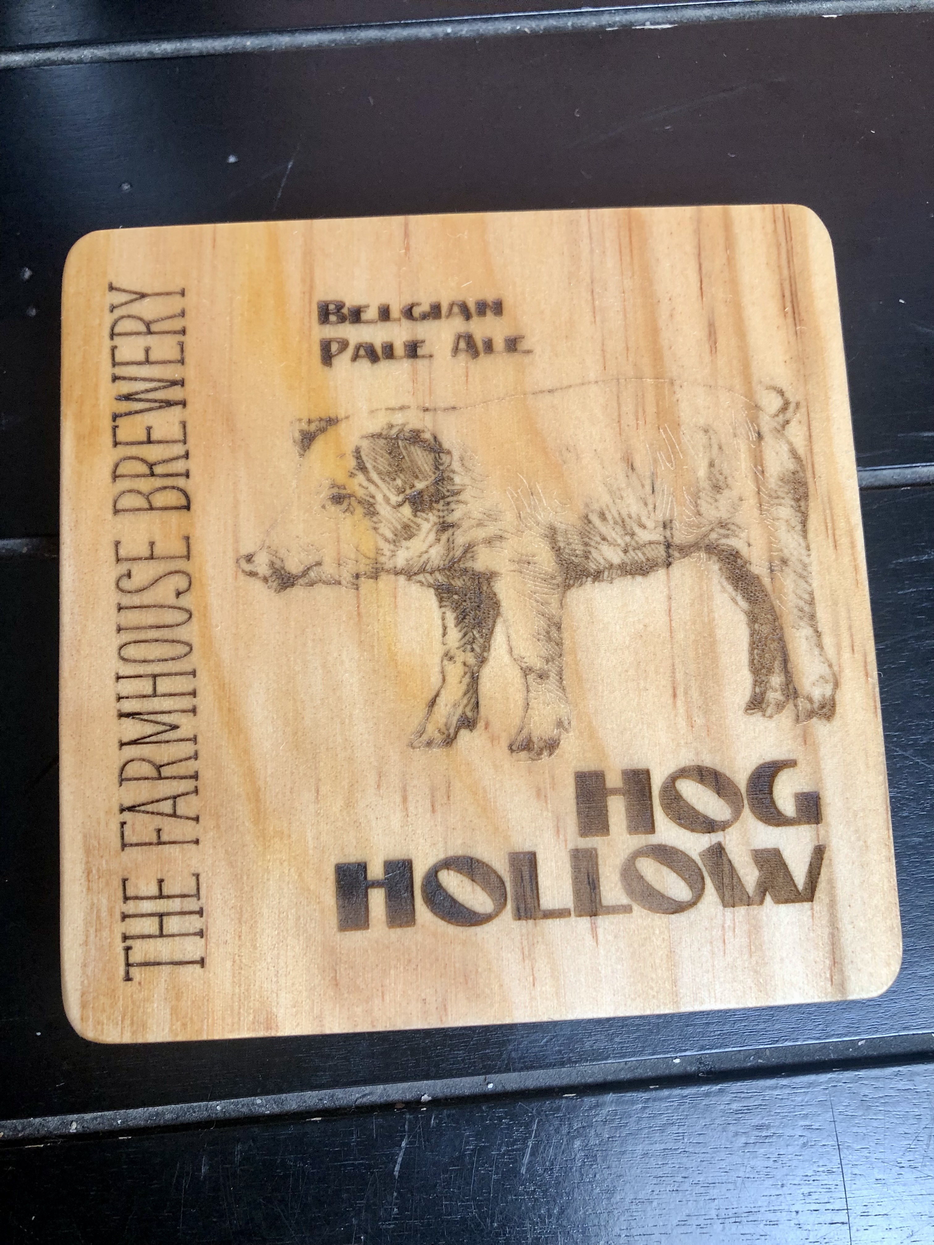 THE FARMHOUSE BREWERY LOGO COASTERS - Laser Etched Wood Coasters - Set of 4 - NOSTALGIA SWAG SERIES "HOG HOLLOW" Beer Logo