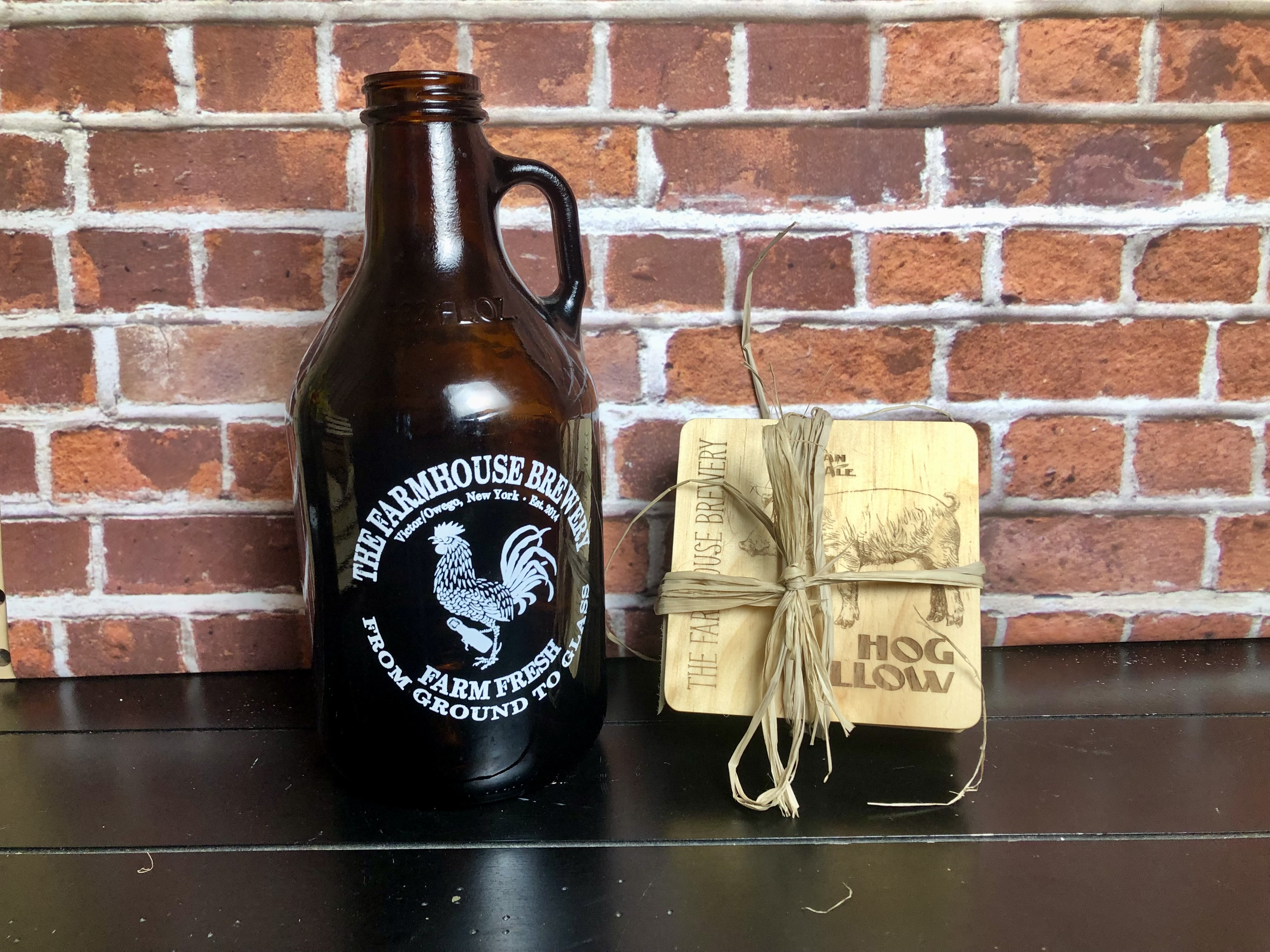 THE FARMHOUSE BREWERY LOGO COASTERS - Laser Etched Wood Coasters - Set of 4 - NOSTALGIA SWAG SERIES "HOG HOLLOW" Beer Logo
