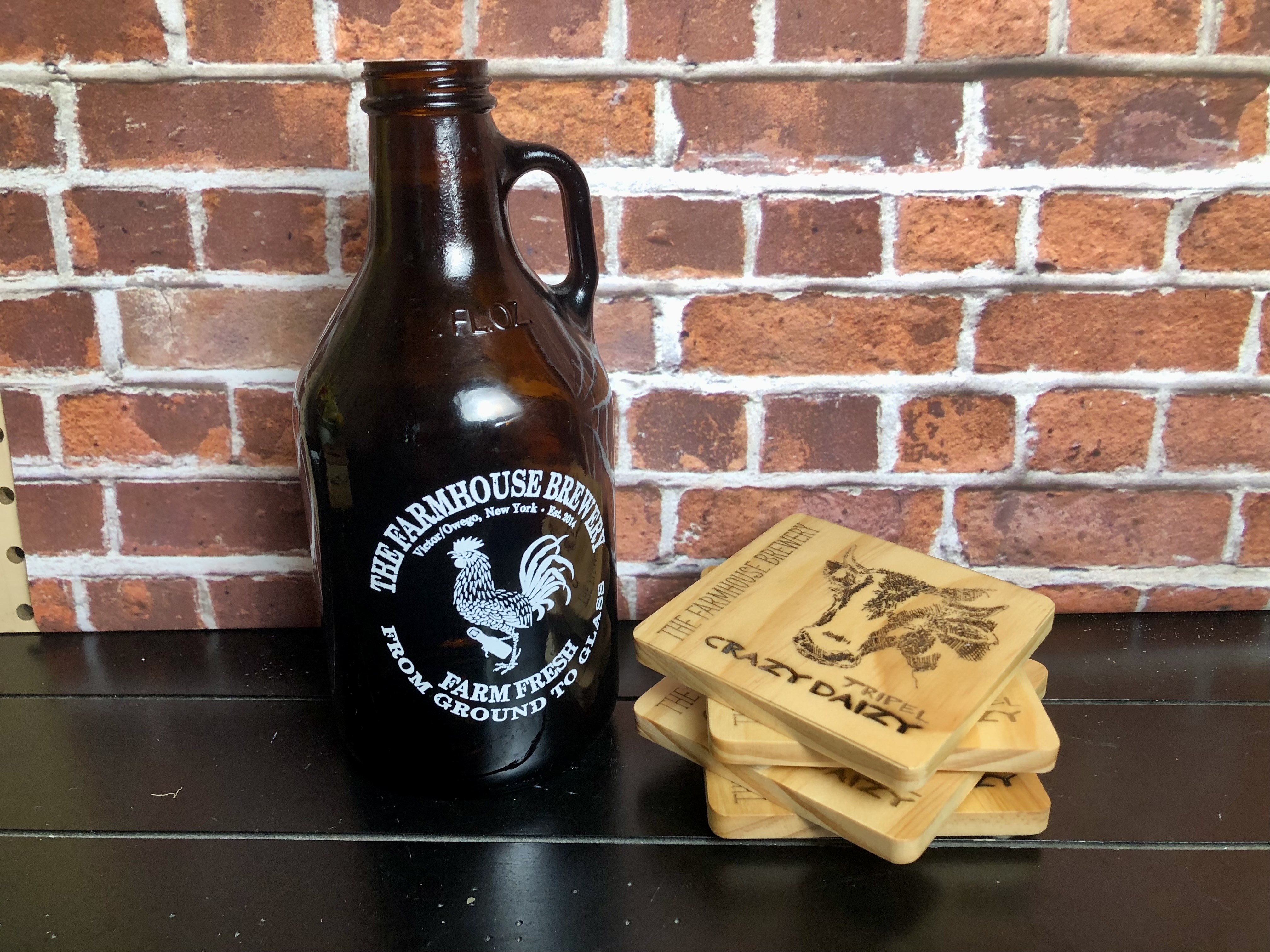 THE FARMHOUSE BREWERY LOGO COASTERS - Laser Etched Wood Coasters - Set of 4 - NOSTALGIA SWAG SERIES "CRAZY DAIZY" Beer Logo