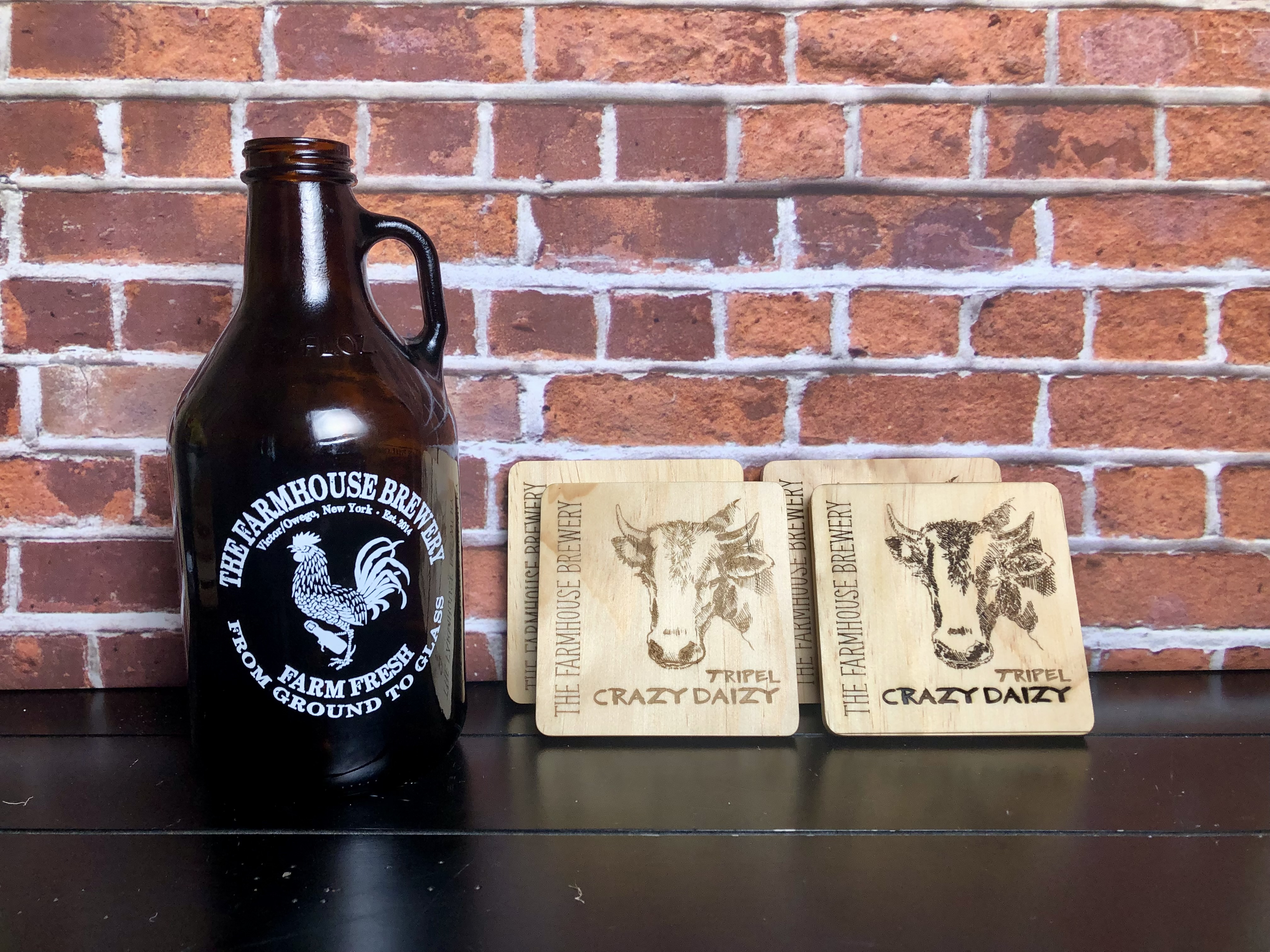 THE FARMHOUSE BREWERY LOGO COASTERS - Laser Etched Wood Coasters - Set of 4 - NOSTALGIA SWAG SERIES "CRAZY DAIZY" Beer Logo
