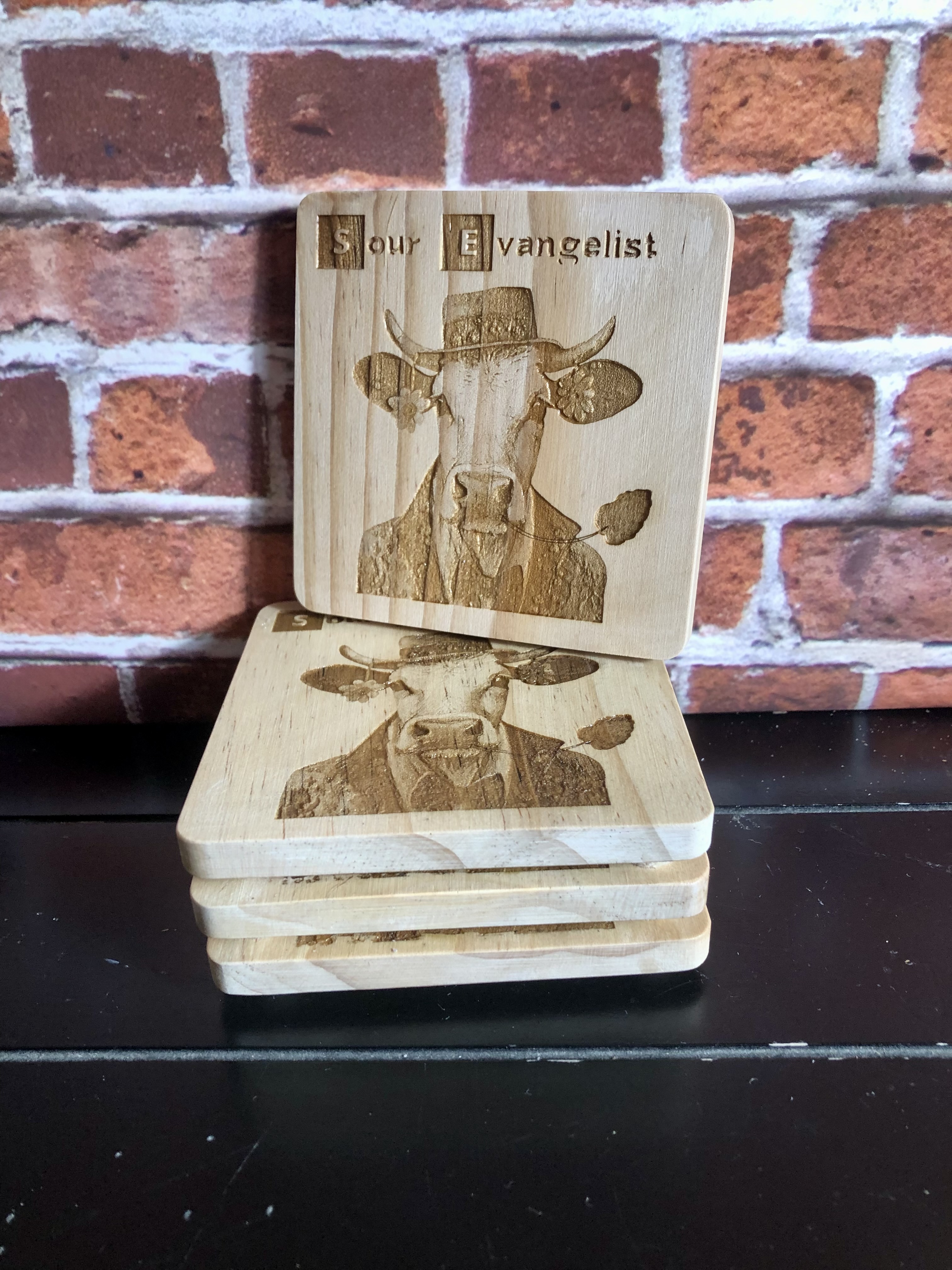 QUIRKY FARM ANIMALS COASTERS - Laser Etched Wood Coasters - Set of 4 - "SOUR EVANGELIST" Design #1