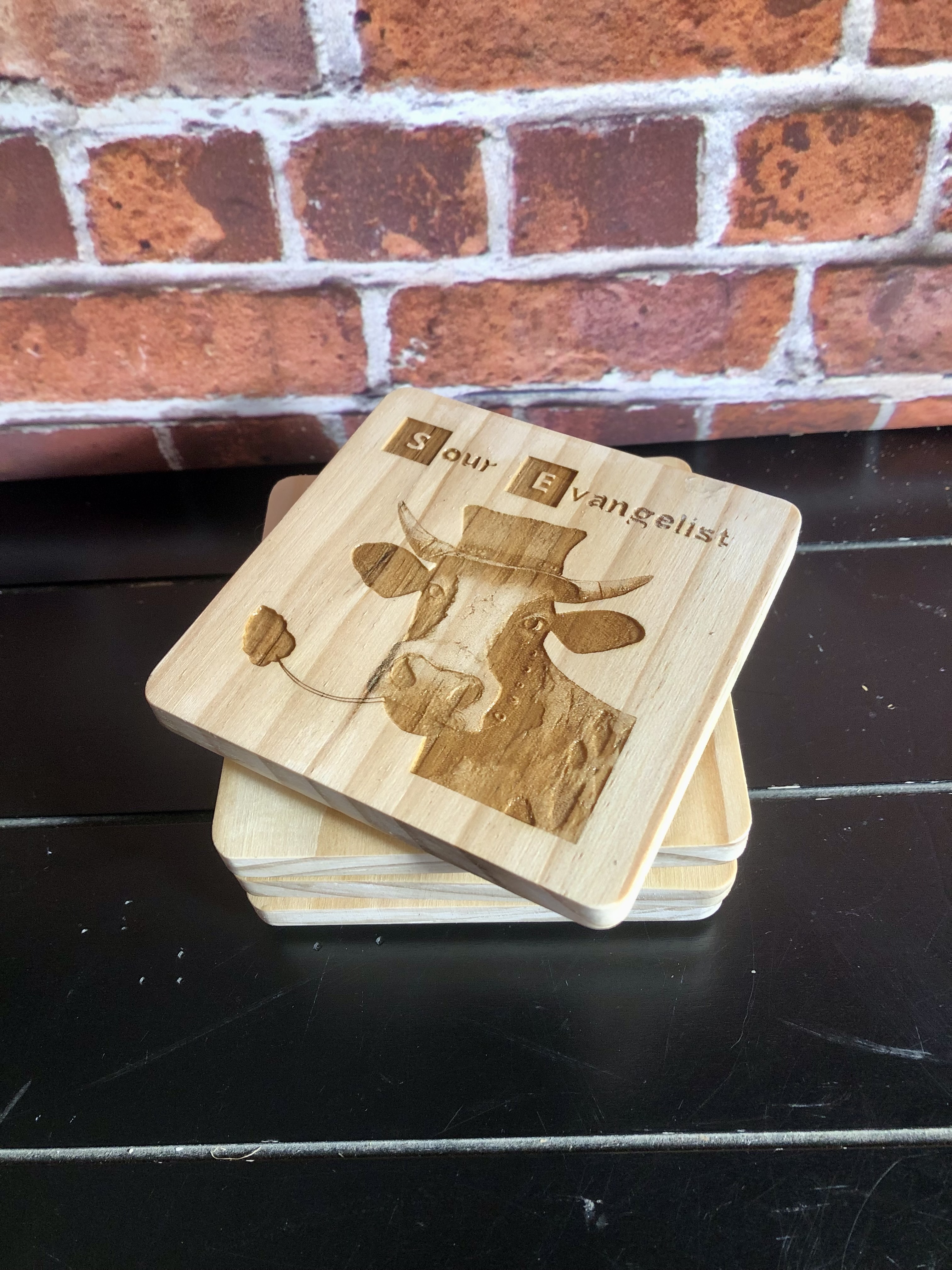 QUIRKY FARM ANIMALS COASTERS - Laser Etched Wood Coasters - Set of 4 - "SOUR EVANGELIST" Design #2