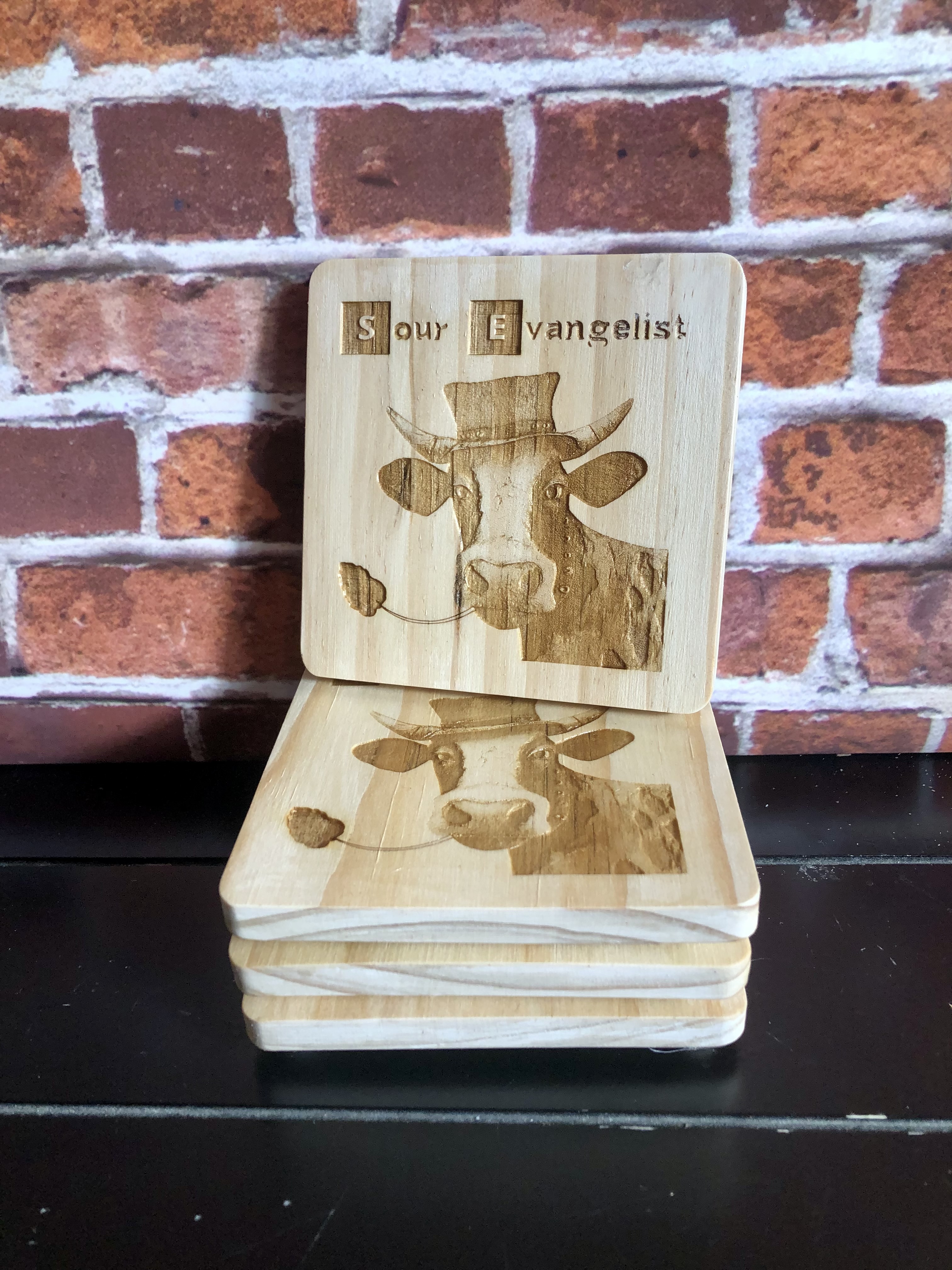 QUIRKY FARM ANIMALS COASTERS - Laser Etched Wood Coasters - Set of 4 - "SOUR EVANGELIST" Design #2