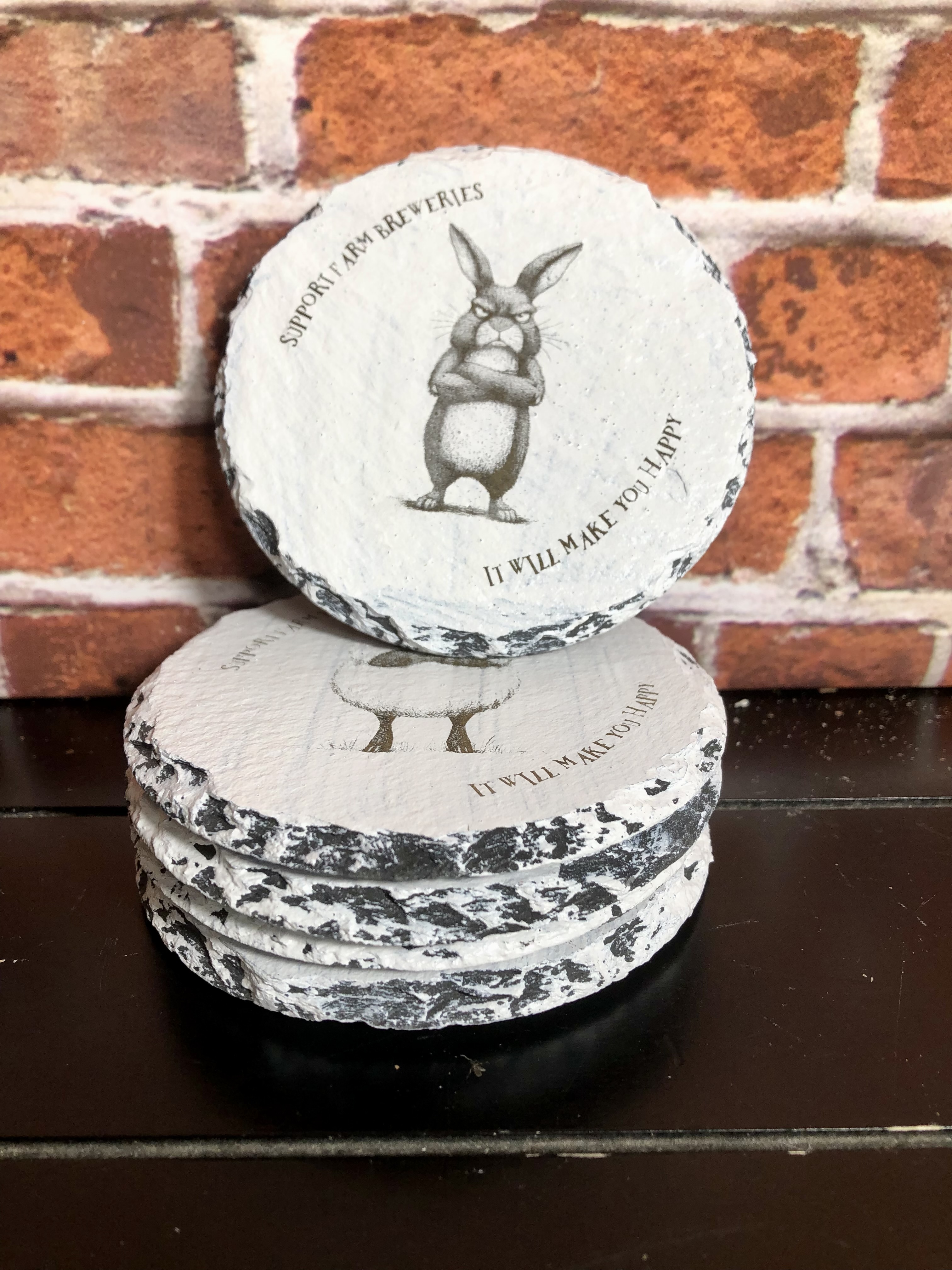 GRUMPY FARM ANIMALS COASTERS - Laser Etched Slate Coasters - Set of 5 - "SUPPORT FAM BREWERIES - IT WILL MAKE YOU HAPPY" 