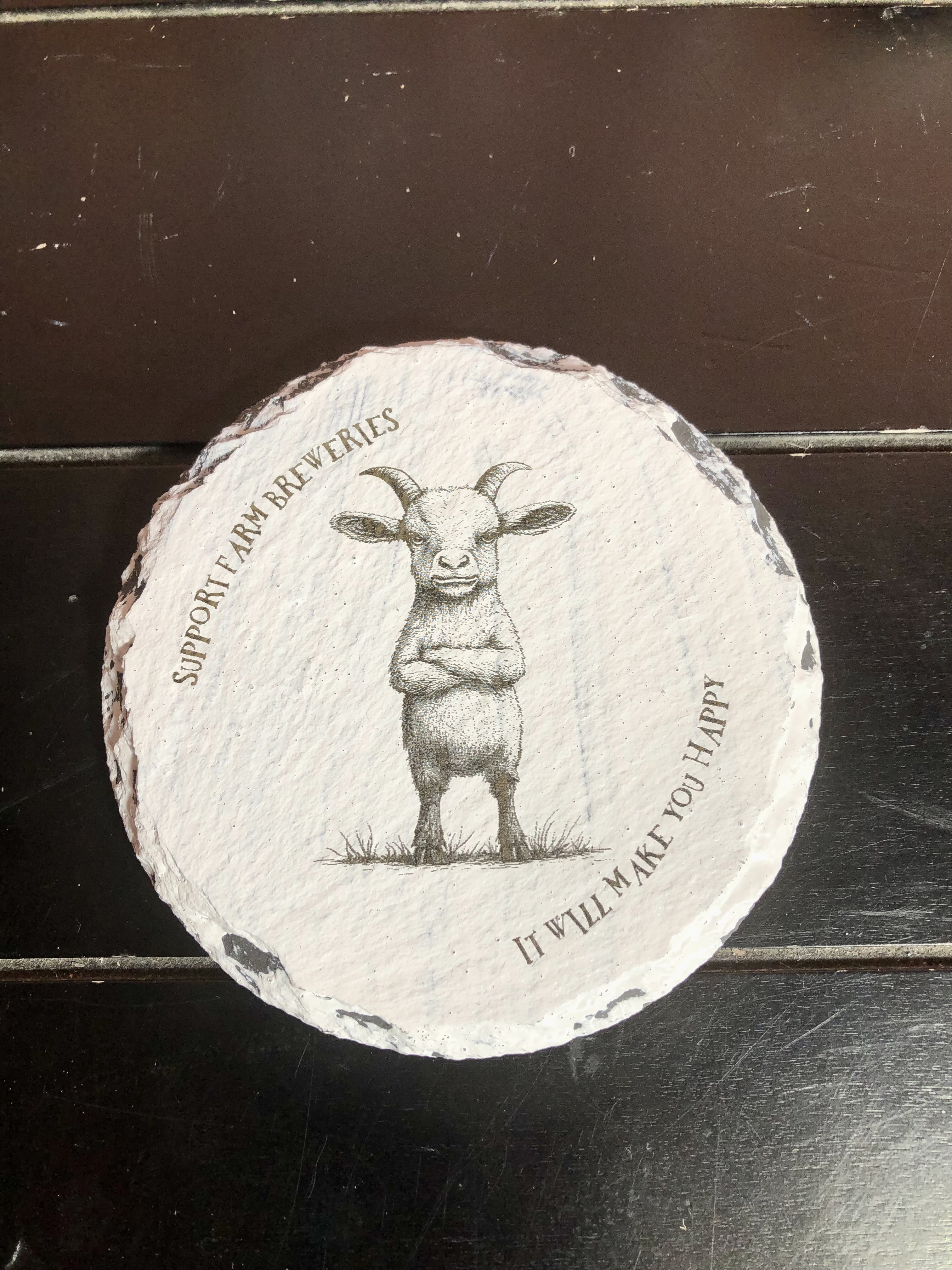 GRUMPY FARM ANIMALS COASTERS - Laser Etched Slate Coasters - Set of 5 - "SUPPORT FAM BREWERIES - IT WILL MAKE YOU HAPPY" 