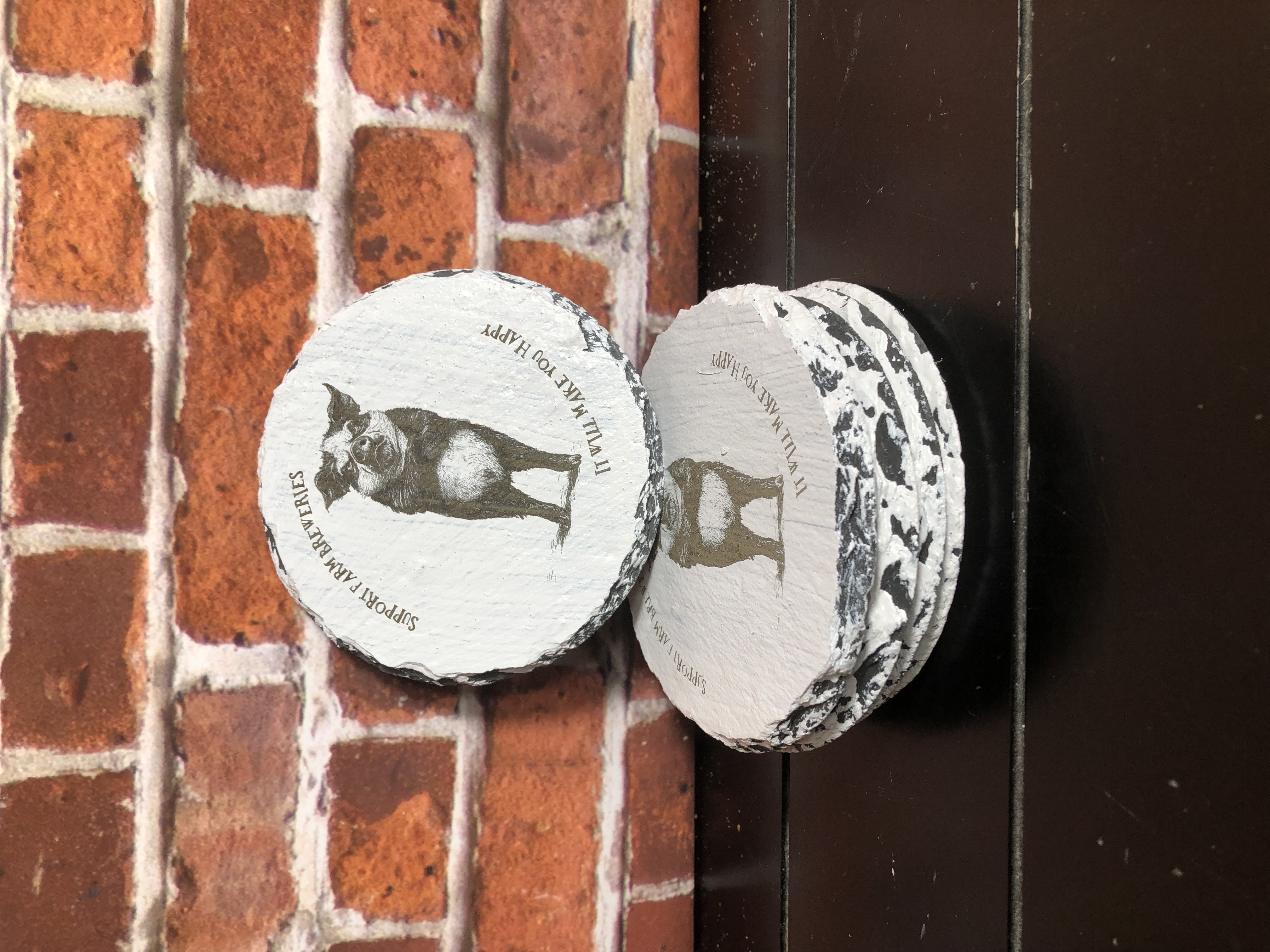GRUMPY FARM ANIMALS COASTERS - Laser Etched Slate Coasters - Set of 4 - "SUPPORT FAM BREWERIES - IT WILL MAKE YOU HAPPY" - Design 1